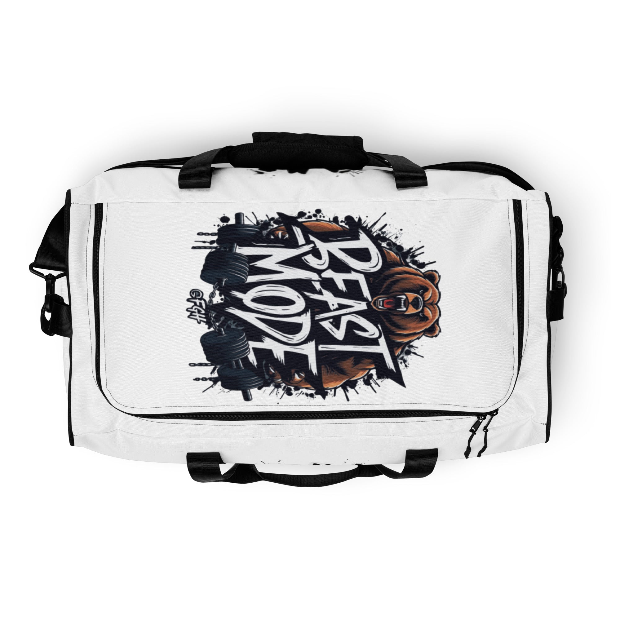 FGH Premium Gym & Fitness duffle bag in white with bold graffiti design, Hustle Edition.