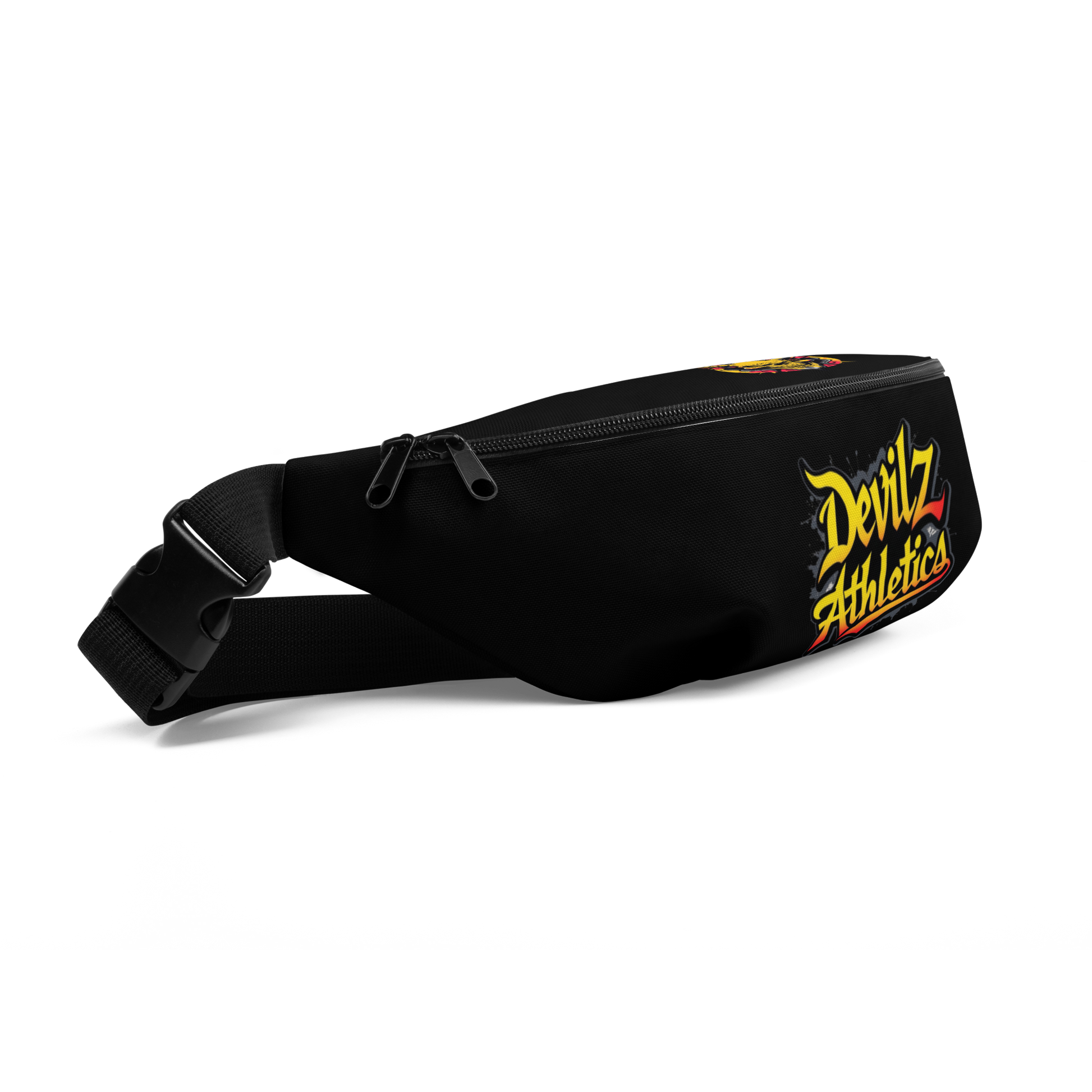 Black Devilz Athletics crossbody bag with graffiti-style devil head design and inner 666 print – streetwear fanny pack