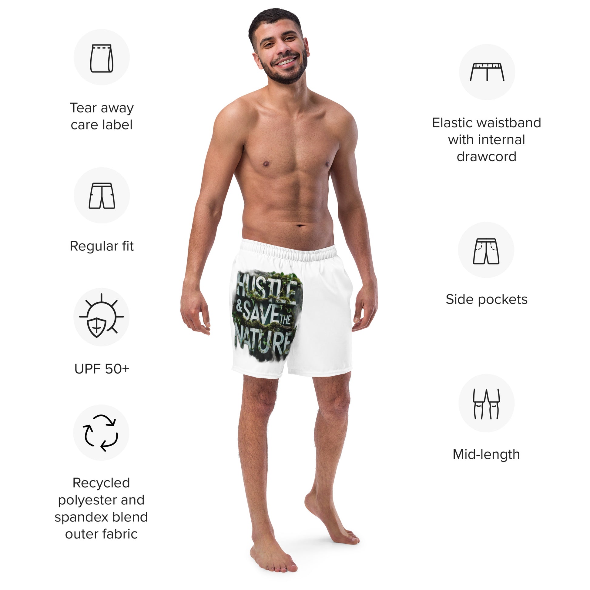 Recycled swim trunks with “Hustle and Save Nature” slogan, eco-friendly beach shorts for hustlers.