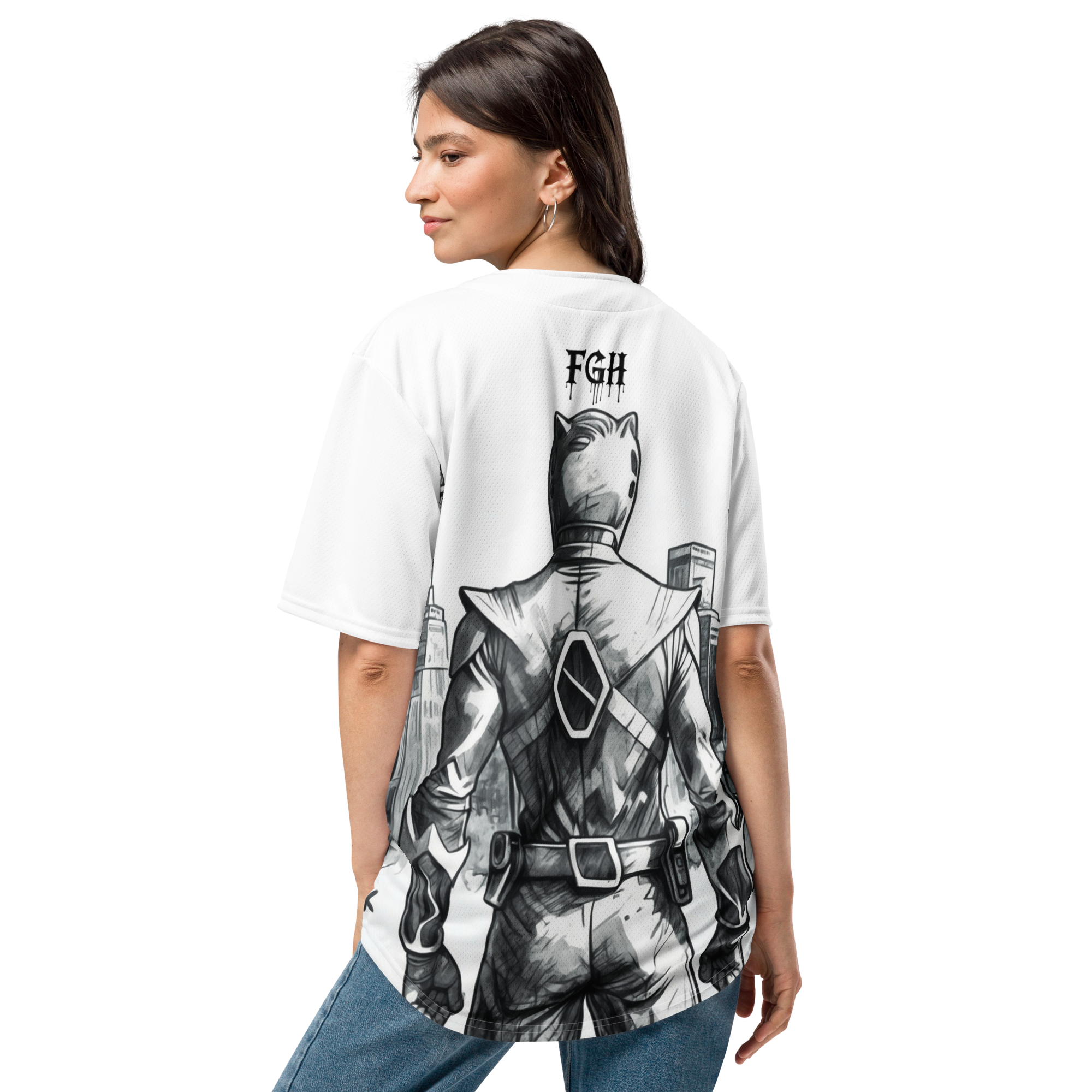 “90s Muscle Sport Baseball Jersey by FGH Collective with neon graffiti lettering and Power Ranger hatching art, recycled premium streetwear”