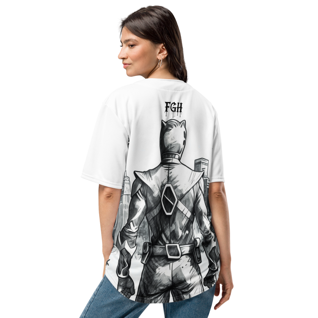 “90s Muscle Sport Baseball Jersey by FGH Collective with neon graffiti lettering and Power Ranger hatching art, recycled premium streetwear”