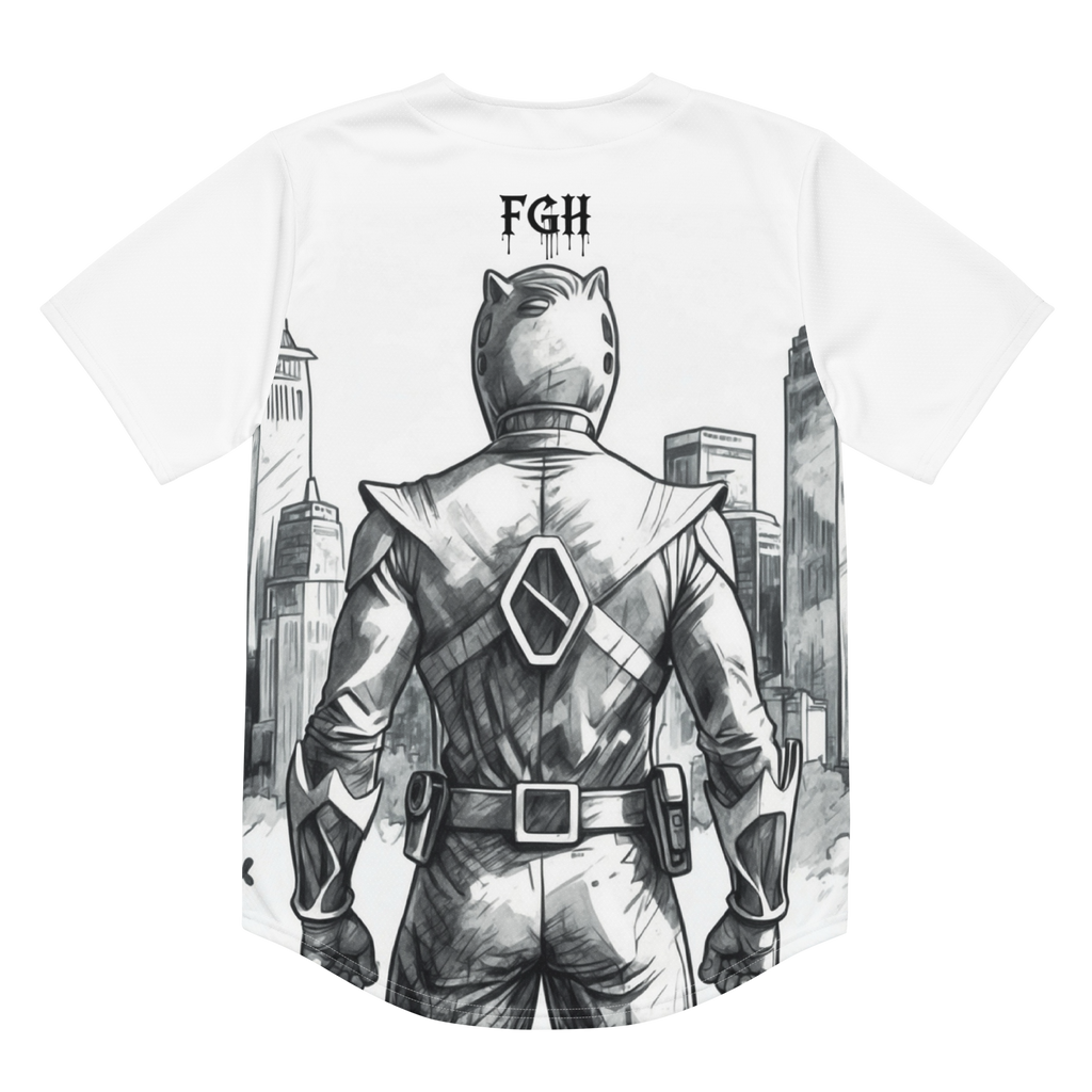 “90s Muscle Sport Baseball Jersey by FGH Collective with neon graffiti lettering and Power Ranger hatching art, recycled premium streetwear”