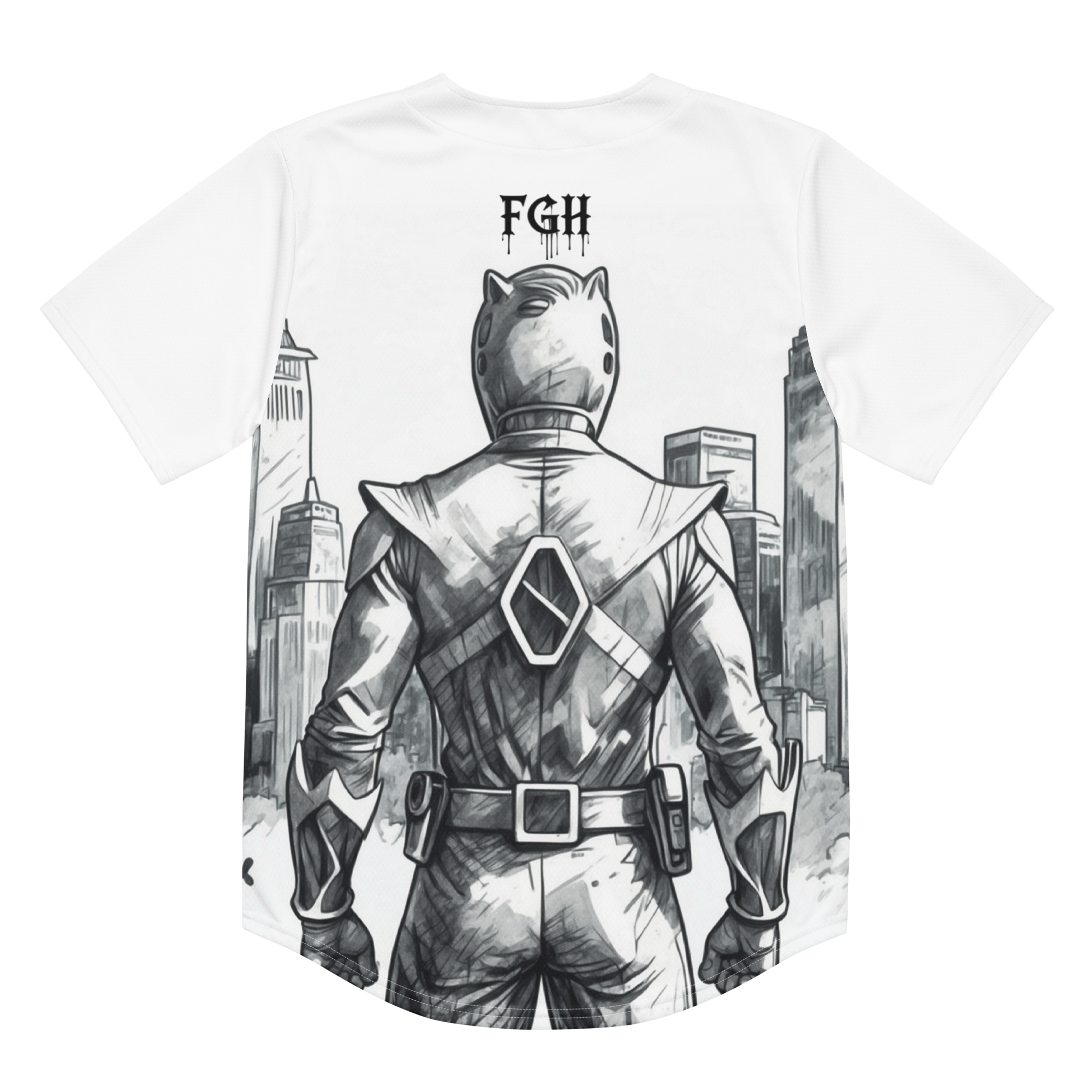 “90s Muscle Sport Baseball Jersey by FGH Collective with neon graffiti lettering and Power Ranger hatching art, recycled premium streetwear”