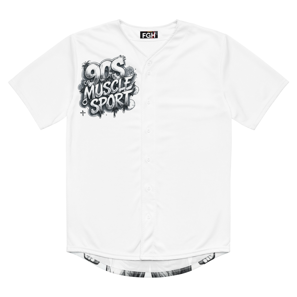 “90s Muscle Sport Baseball Jersey by FGH Collective with neon graffiti lettering and Power Ranger hatching art, recycled premium streetwear”