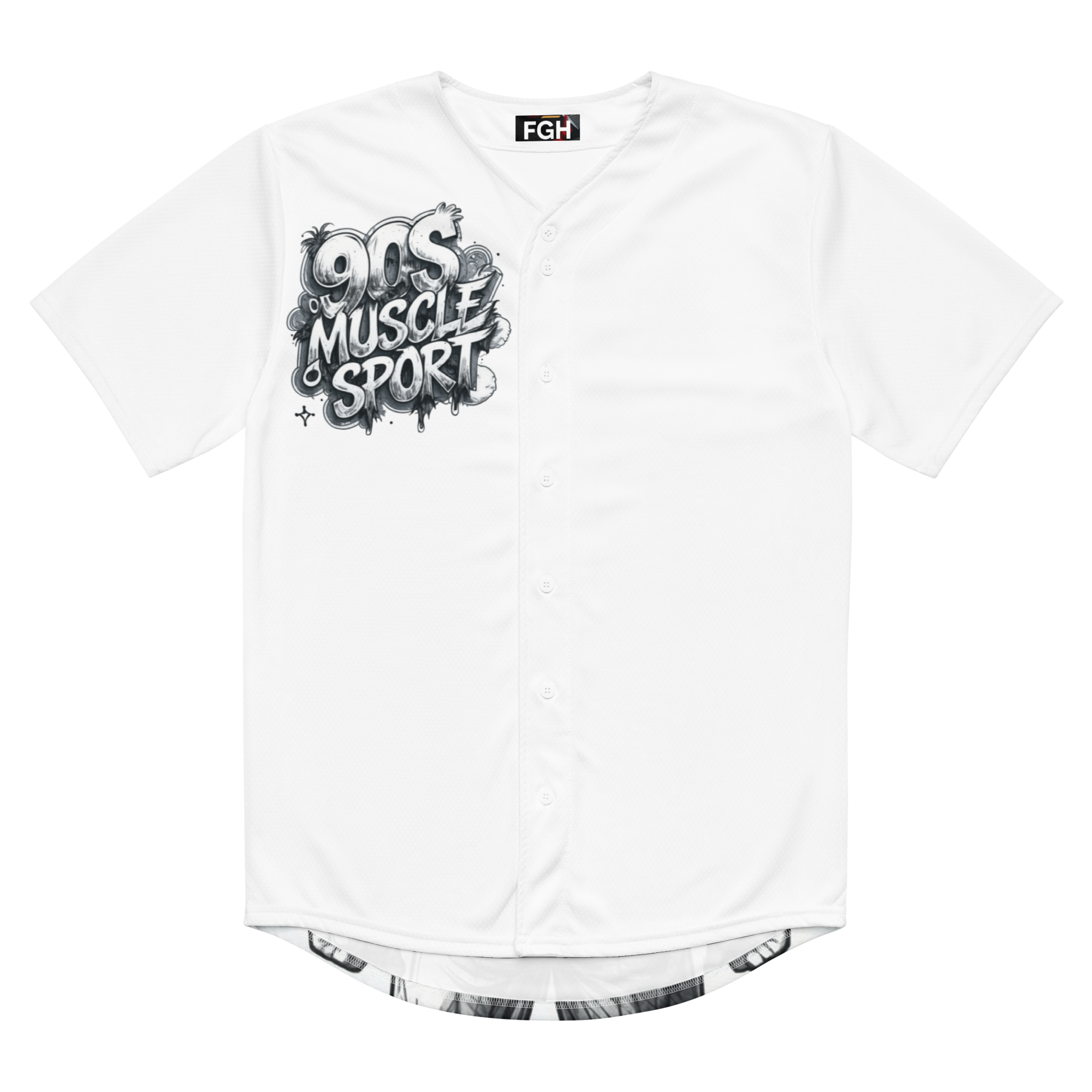 “90s Muscle Sport Baseball Jersey by FGH Collective with neon graffiti lettering and Power Ranger hatching art, recycled premium streetwear”