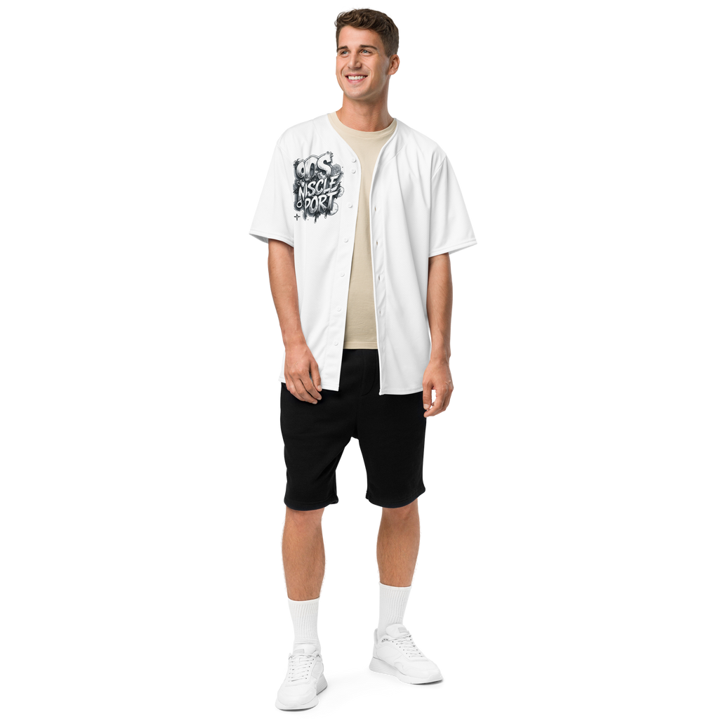 “90s Muscle Sport Baseball Jersey by FGH Collective with neon graffiti lettering and Power Ranger hatching art, recycled premium streetwear”