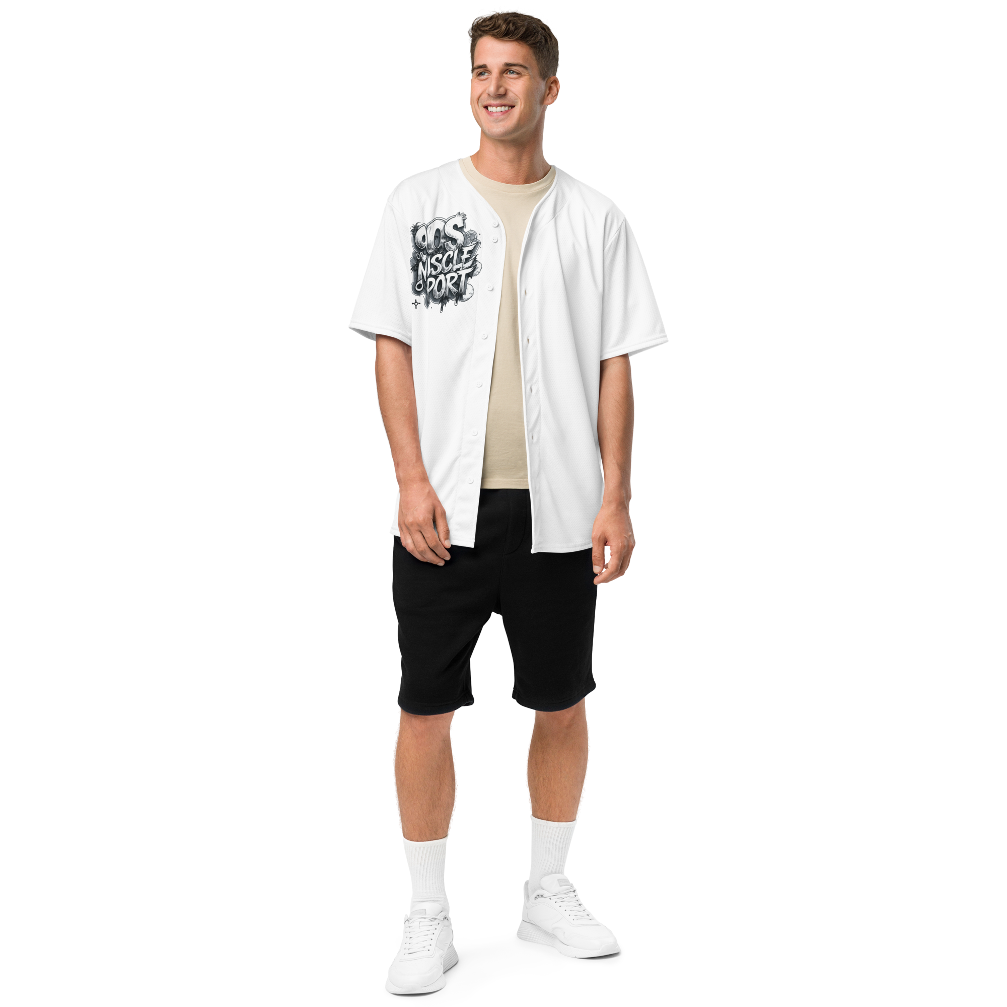 “90s Muscle Sport Baseball Jersey by FGH Collective with neon graffiti lettering and Power Ranger hatching art, recycled premium streetwear”