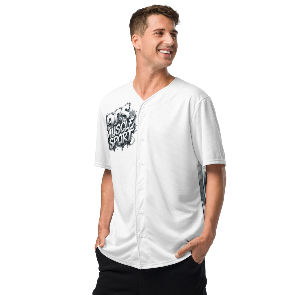 “90s Muscle Sport Baseball Jersey by FGH Collective with neon graffiti lettering and Power Ranger hatching art, recycled premium streetwear”