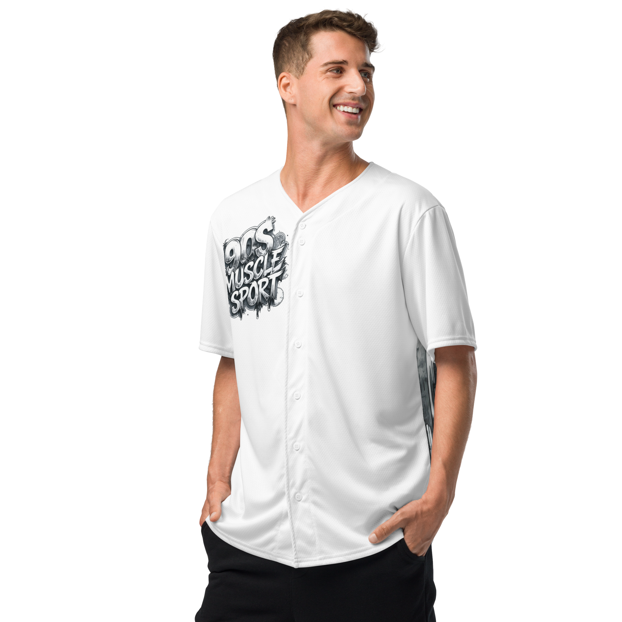 “90s Muscle Sport Baseball Jersey by FGH Collective with neon graffiti lettering and Power Ranger hatching art, recycled premium streetwear”