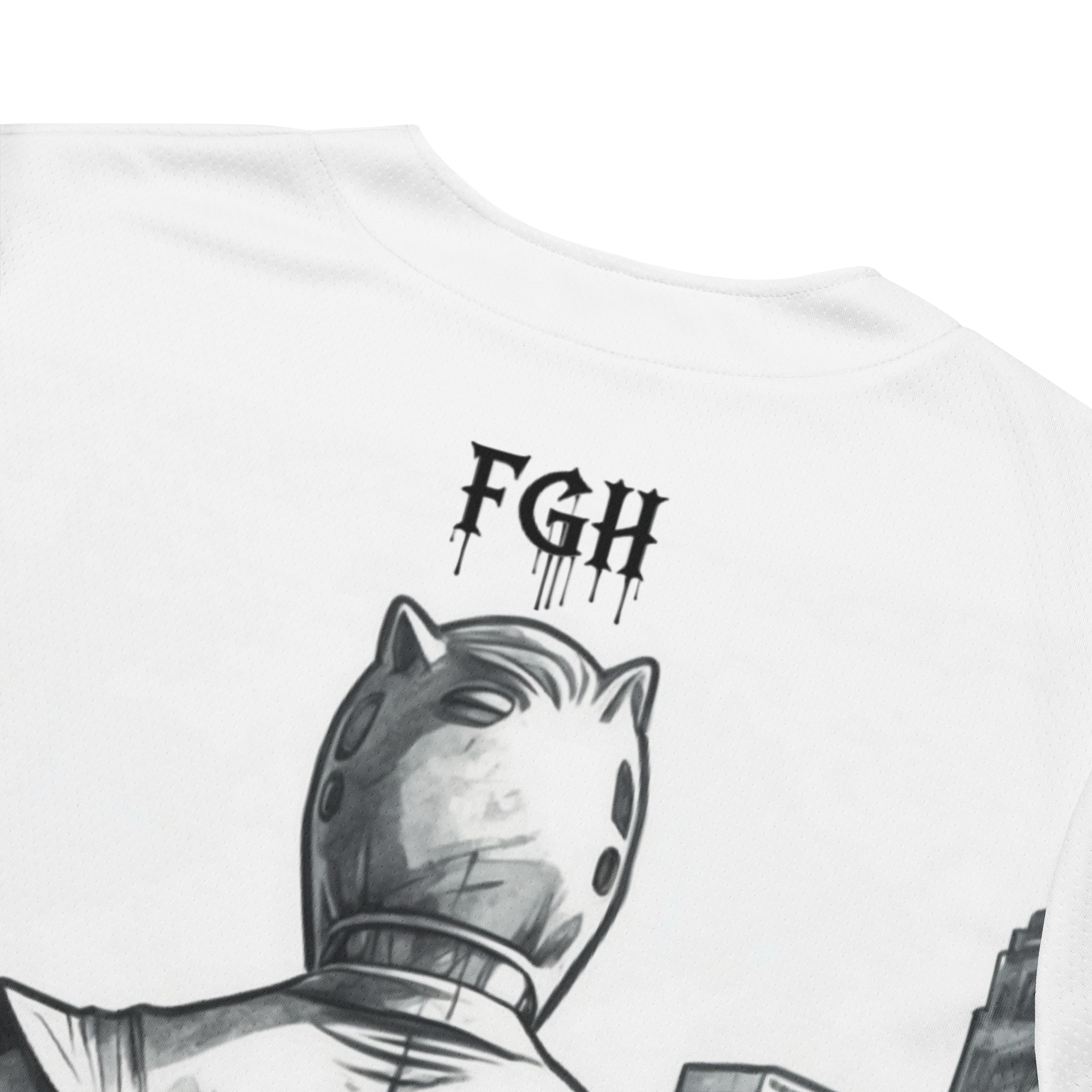 “90s Muscle Sport Baseball Jersey by FGH Collective with neon graffiti lettering and Power Ranger hatching art, recycled premium streetwear”