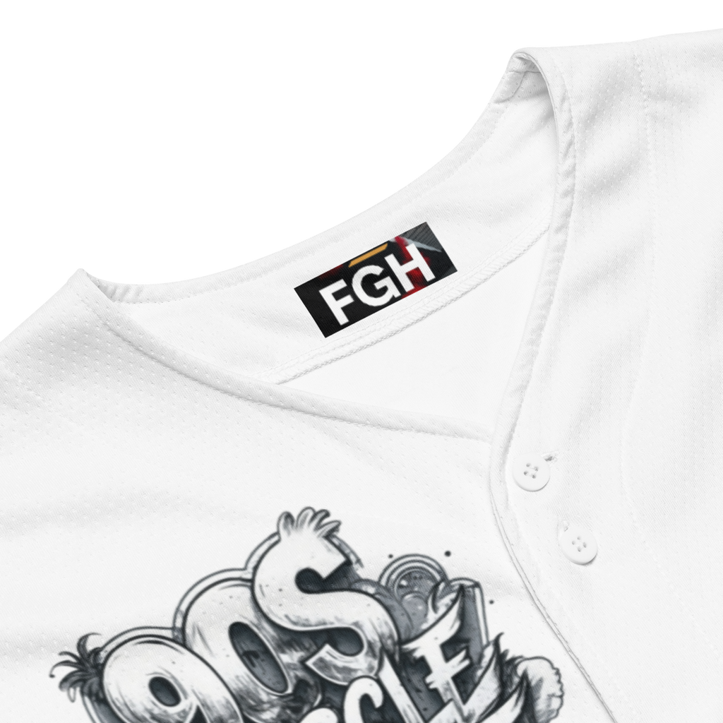 “90s Muscle Sport Baseball Jersey by FGH Collective with neon graffiti lettering and Power Ranger hatching art, recycled premium streetwear”