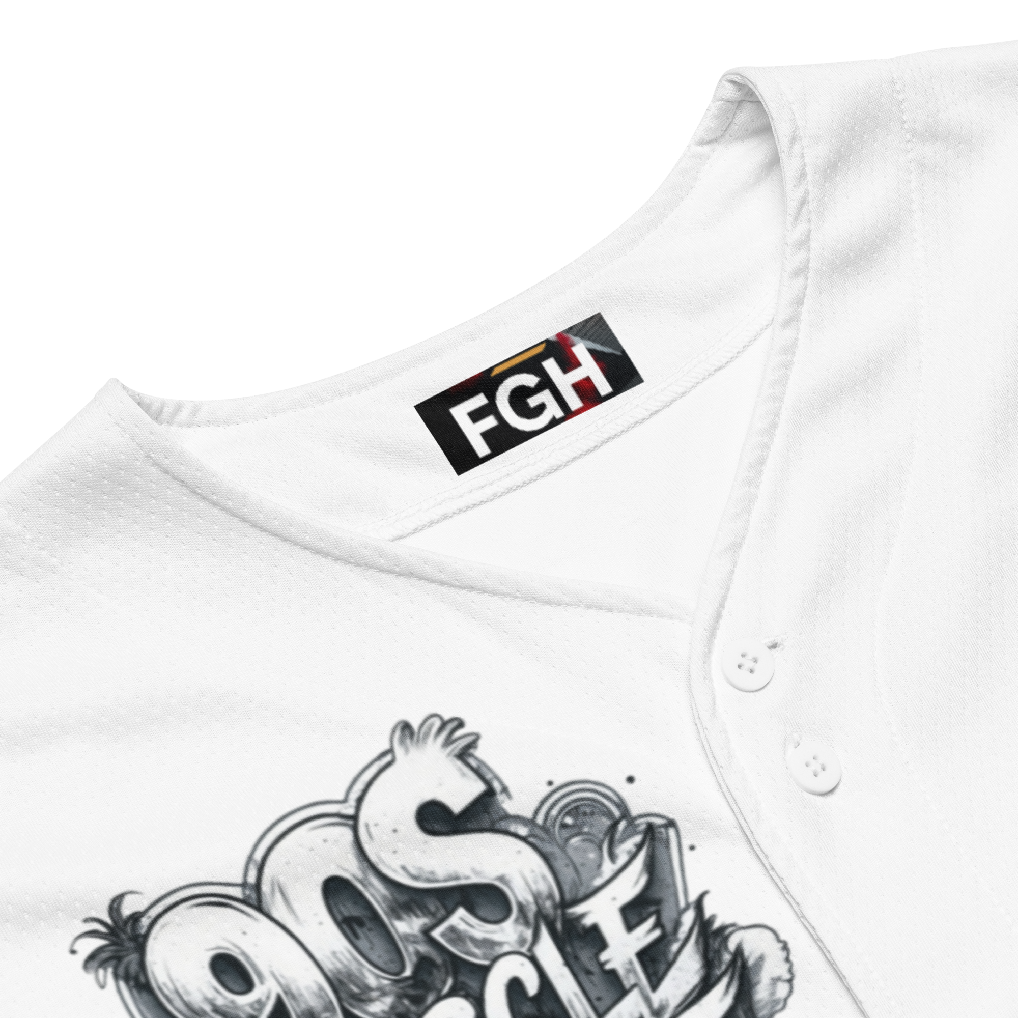 “90s Muscle Sport Baseball Jersey by FGH Collective with neon graffiti lettering and Power Ranger hatching art, recycled premium streetwear”