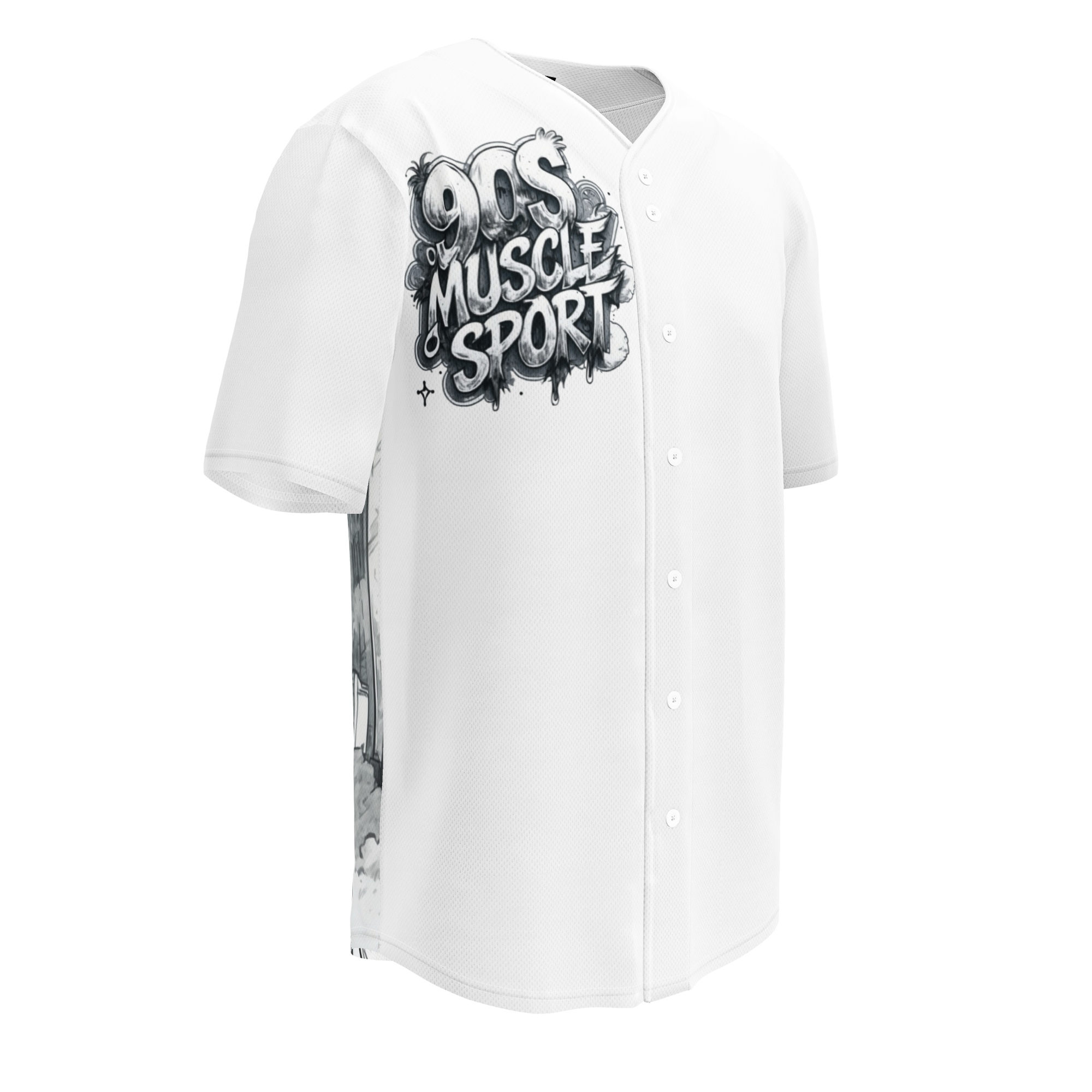 “90s Muscle Sport Baseball Jersey by FGH Collective with neon graffiti lettering and Power Ranger hatching art, recycled premium streetwear”