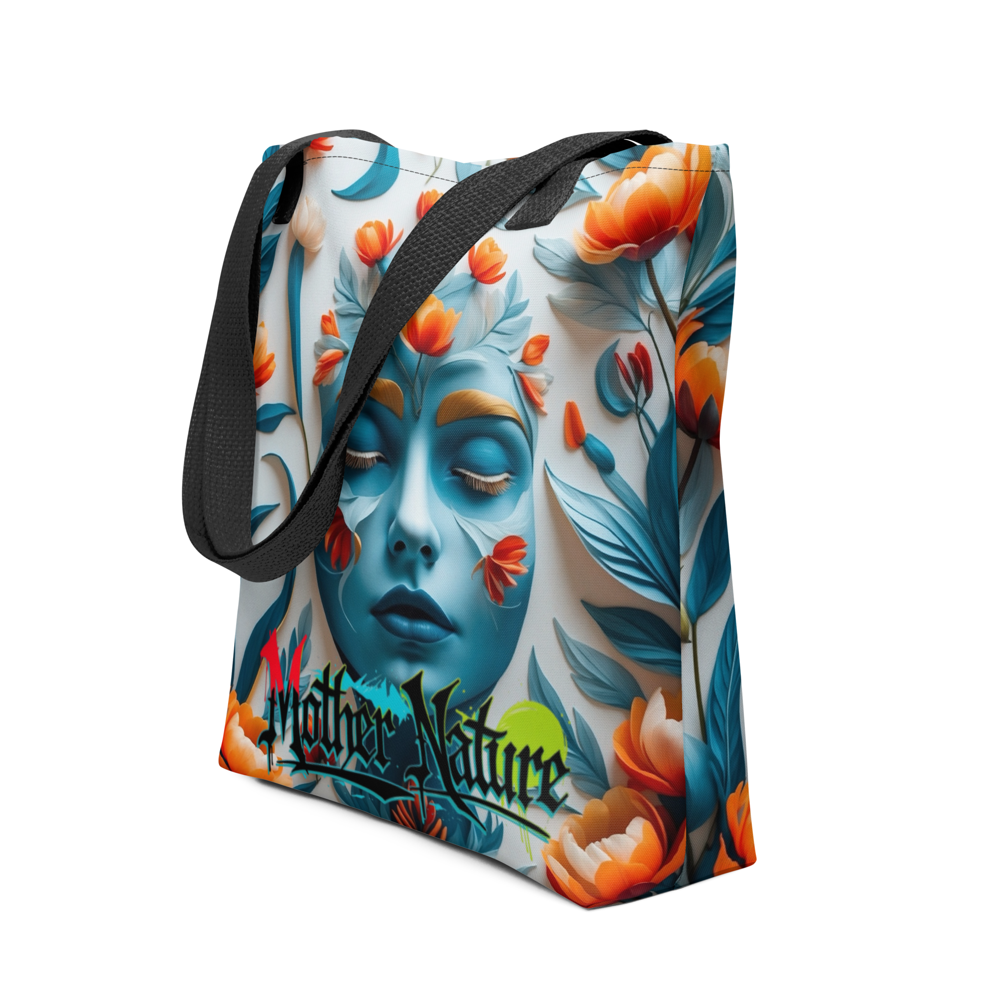 Colorful floral tote bag with orange, teal and red flowers – urban eco-style by FGH Hustle Collective
