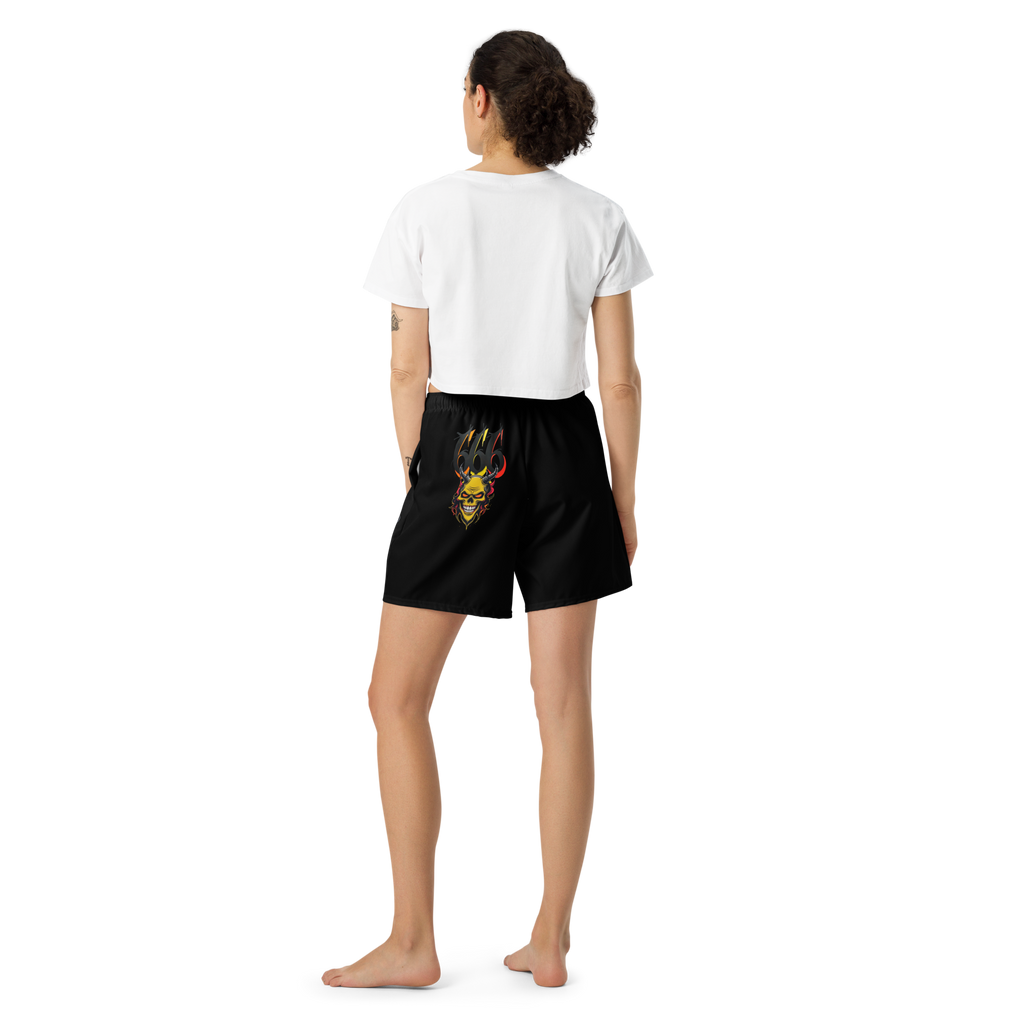 “Devilz Athletics recycled gym shorts with bold graffiti print – unisex black workout wear for fitness, streetstyle and running”