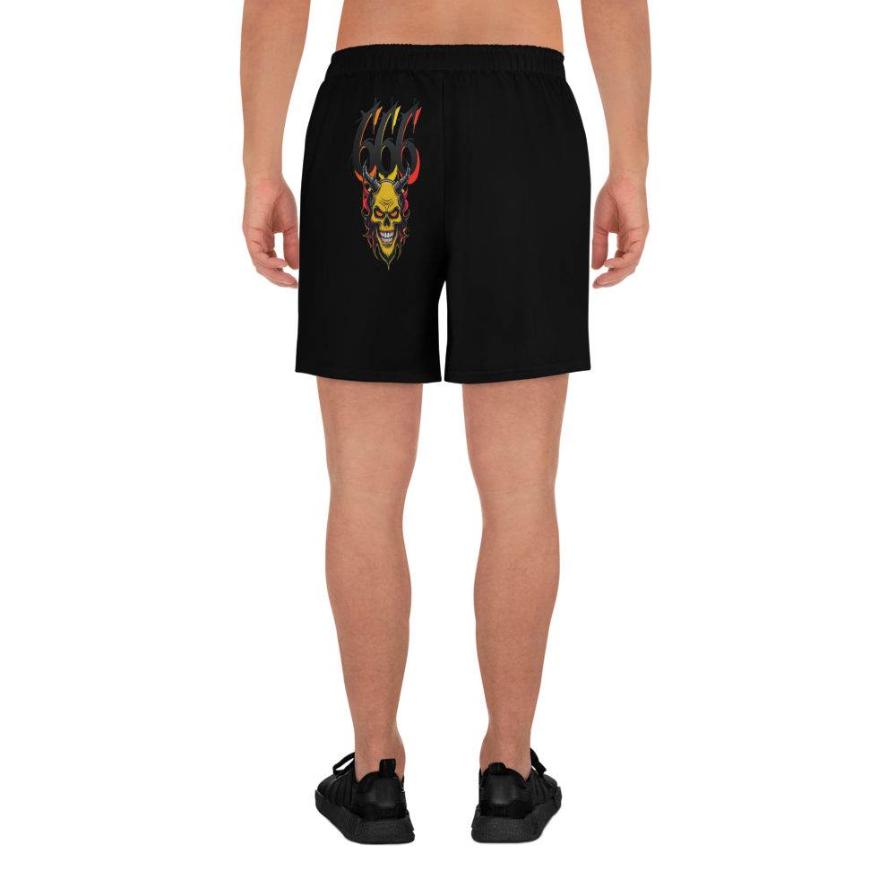 “Devilz Athletics recycled gym shorts with bold graffiti print – unisex black workout wear for fitness, streetstyle and running”