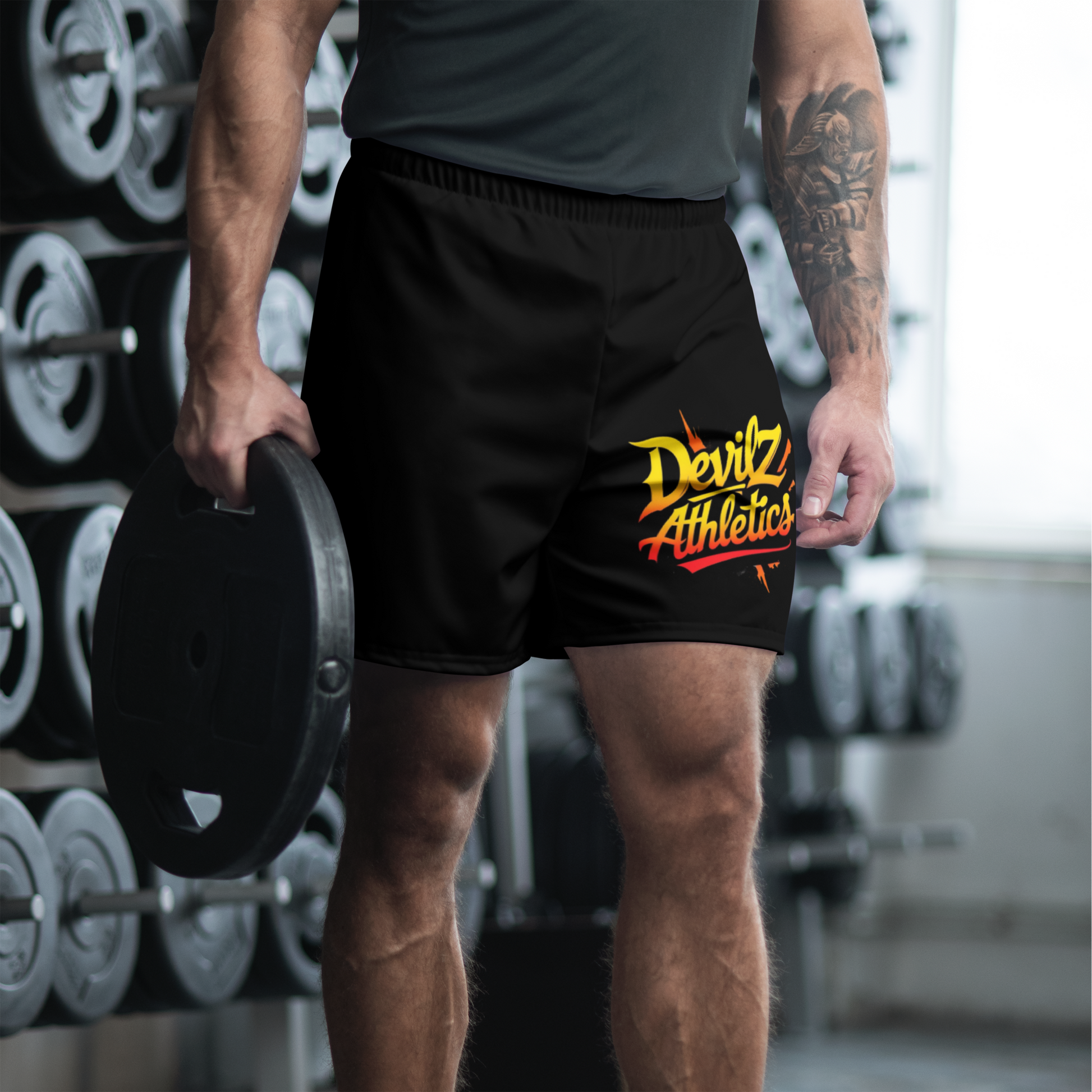 Athlete wearing Devilz Athletics black gym shorts with bold graffiti logo – urban gymwear made from recycled fabric, perfect for workout & streetwear.
