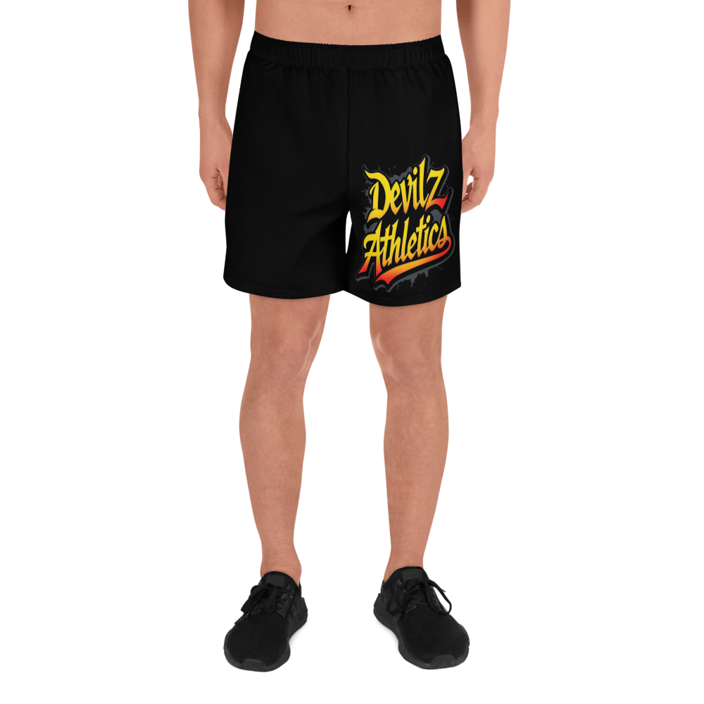 “Devilz Athletics recycled gym shorts with bold graffiti print – unisex black workout wear for fitness, streetstyle and running”