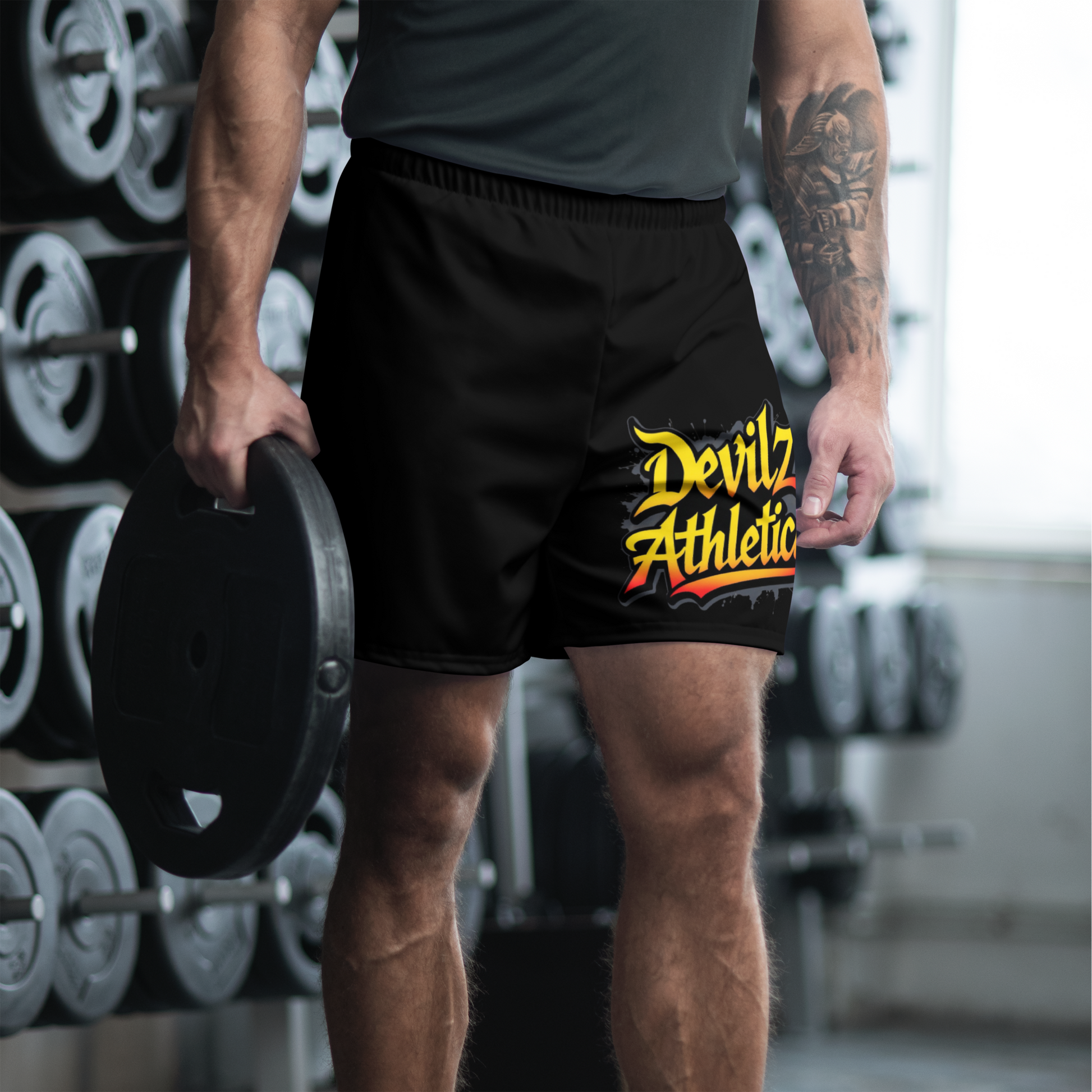 “Devilz Athletics recycled gym shorts with bold graffiti print – unisex black workout wear for fitness, streetstyle and running”