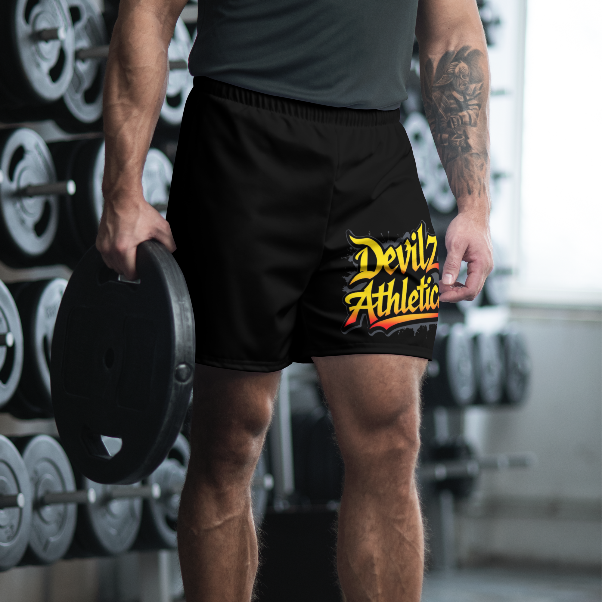 “Devilz Athletics recycled gym shorts with bold graffiti print – unisex black workout wear for fitness, streetstyle and running”