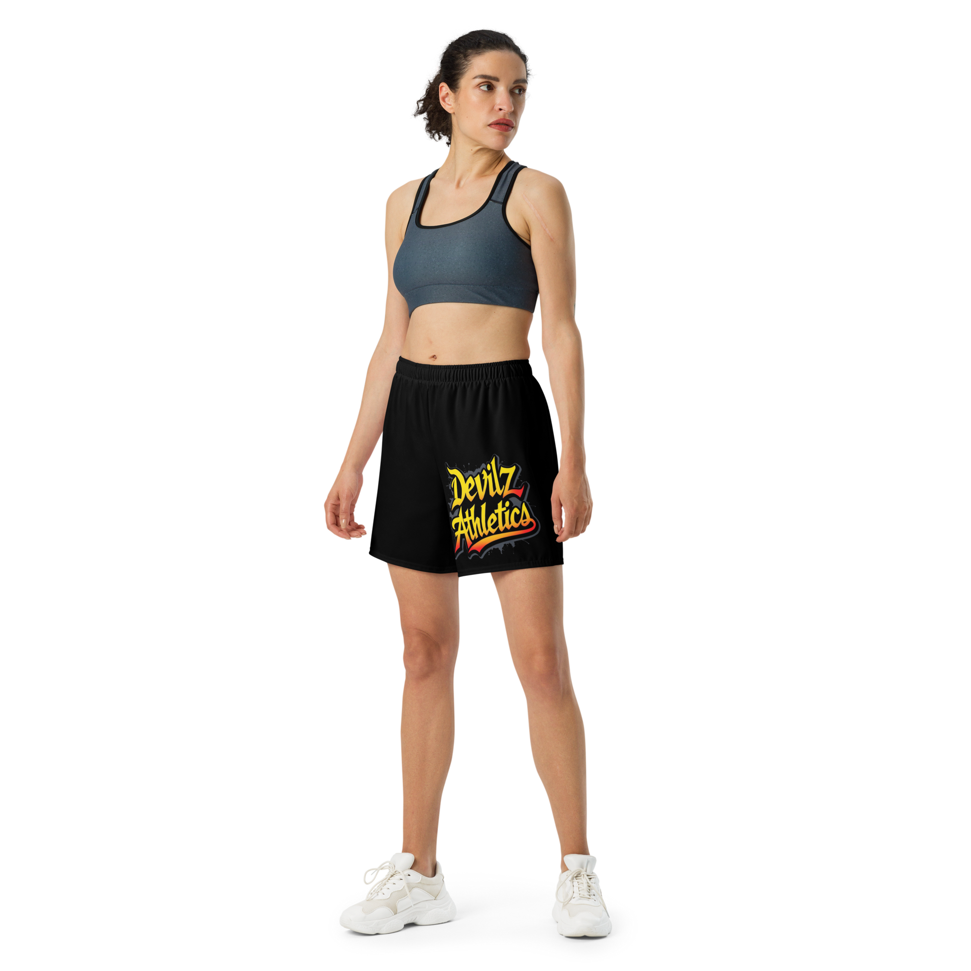 “Devilz Athletics recycled gym shorts with bold graffiti print – unisex black workout wear for fitness, streetstyle and running”