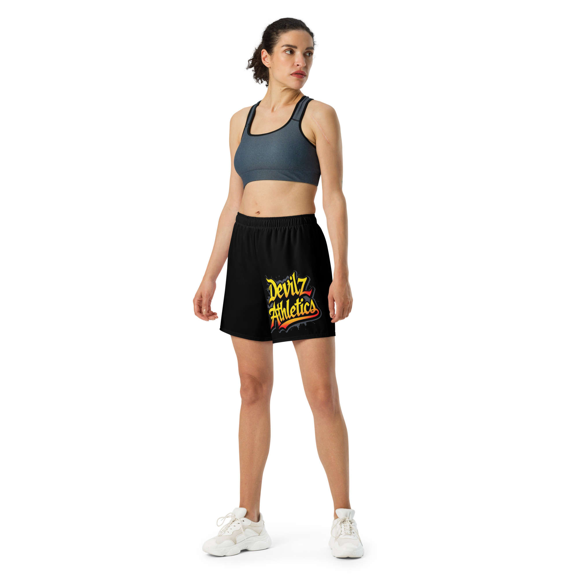 “Devilz Athletics recycled gym shorts with bold graffiti print – unisex black workout wear for fitness, streetstyle and running”
