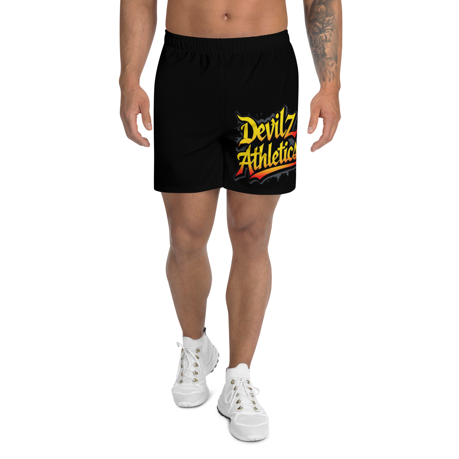 “Devilz Athletics recycled gym shorts with bold graffiti print – unisex black workout wear for fitness, streetstyle and running”