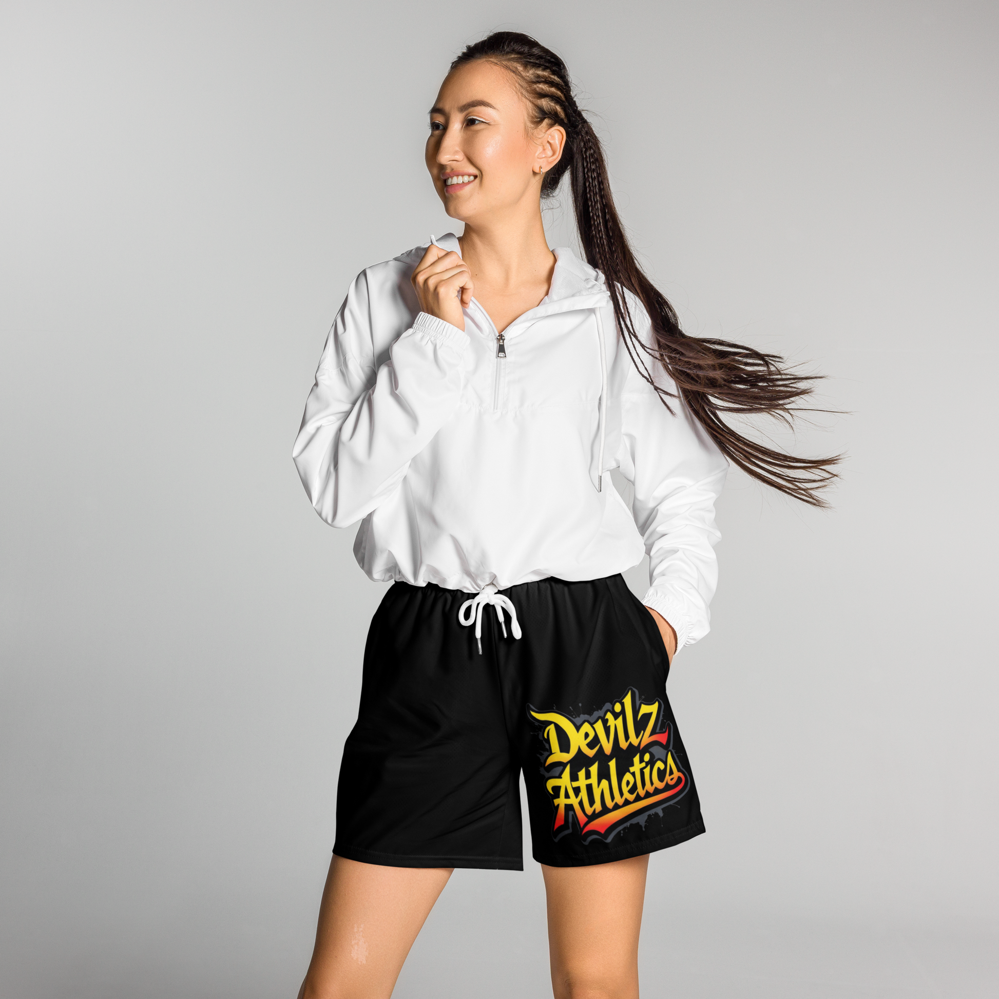 “Devilz Athletics recycled gym shorts with bold graffiti print – unisex black workout wear for fitness, streetstyle and running”