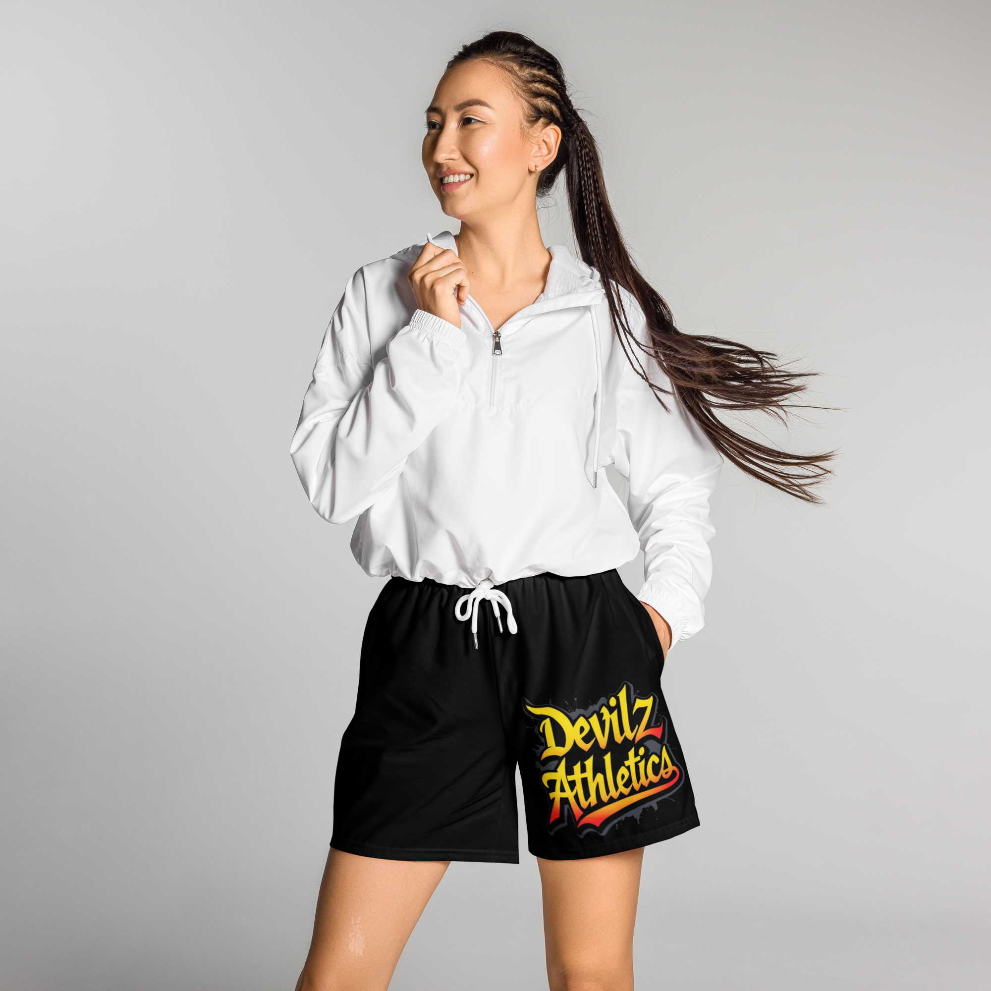“Devilz Athletics recycled gym shorts with bold graffiti print – unisex black workout wear for fitness, streetstyle and running”