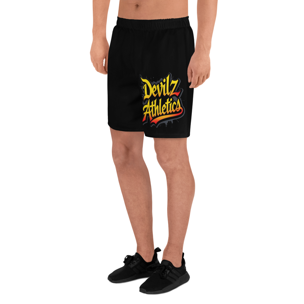“Devilz Athletics recycled gym shorts with bold graffiti print – unisex black workout wear for fitness, streetstyle and running”