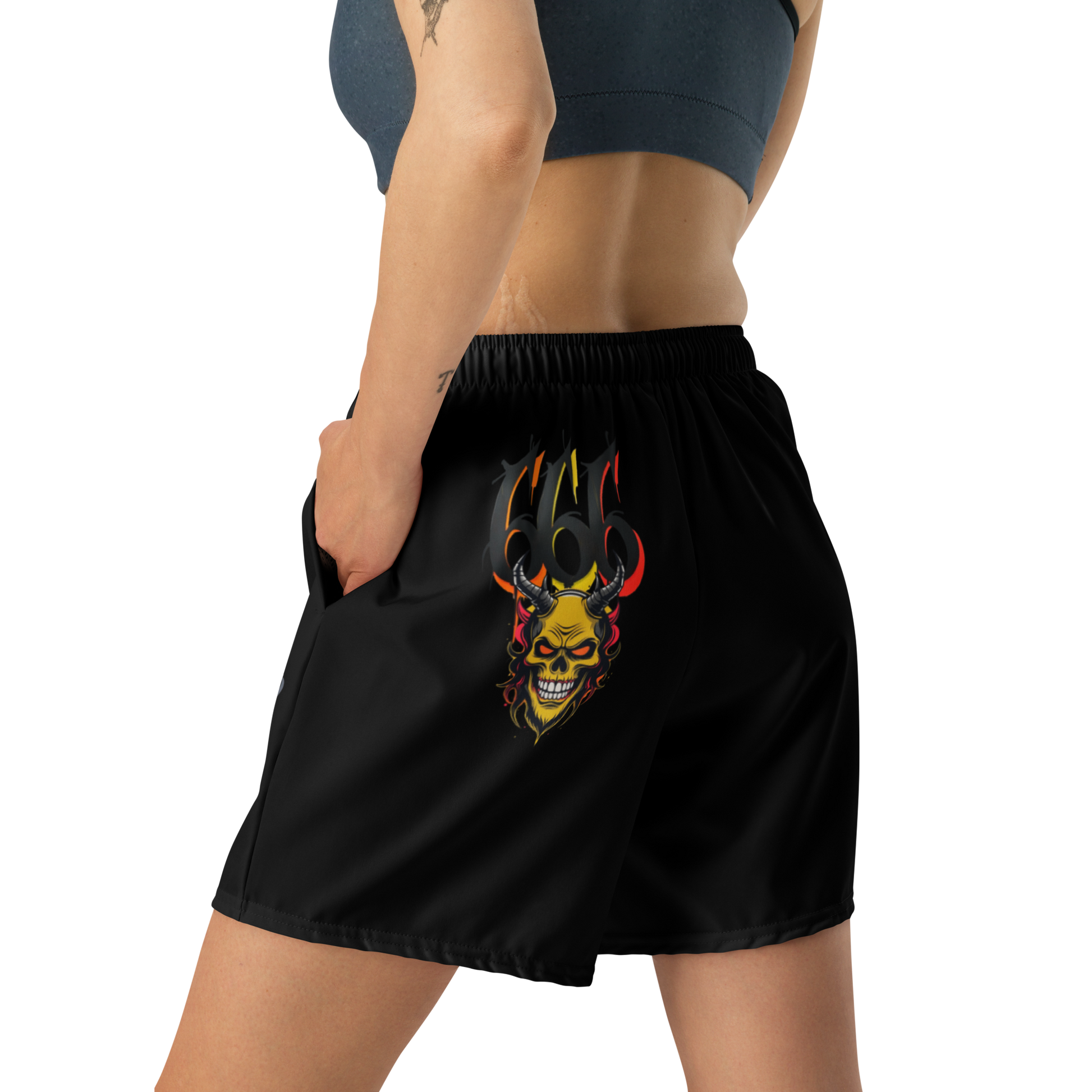 “Devilz Athletics recycled gym shorts with bold graffiti print – unisex black workout wear for fitness, streetstyle and running”