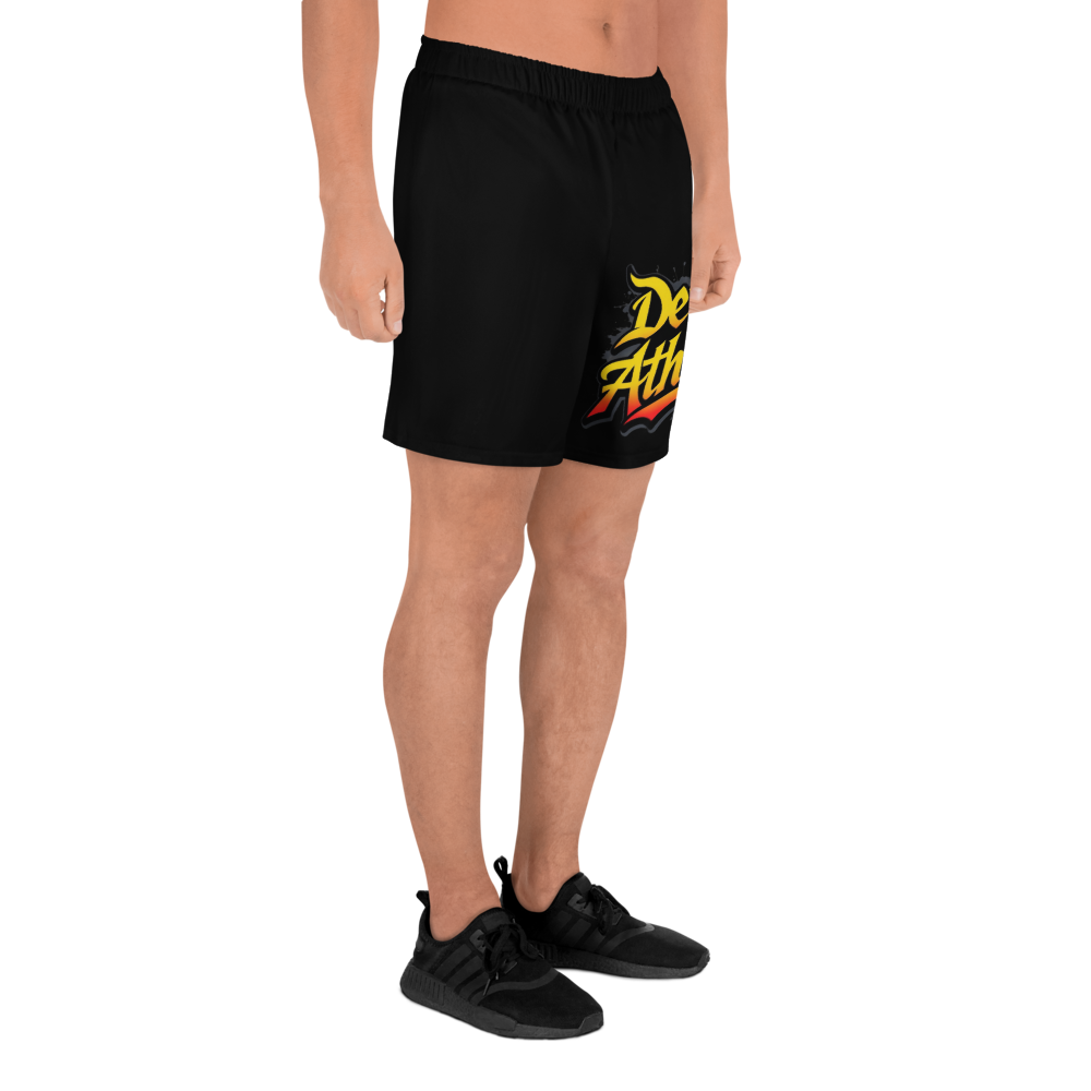 “Devilz Athletics recycled gym shorts with bold graffiti print – unisex black workout wear for fitness, streetstyle and running”