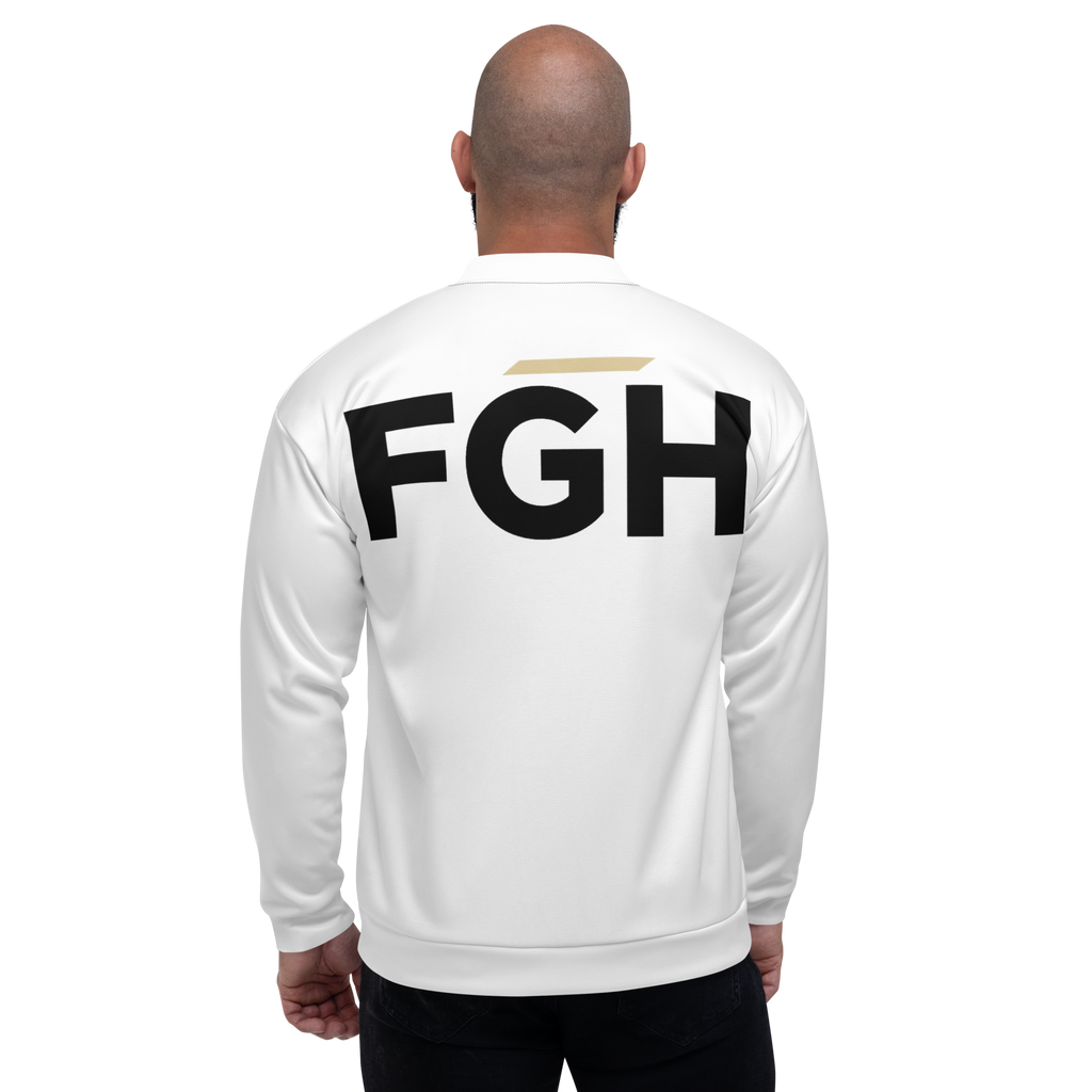 White unisex bomber jacket with large black FGH backprint and embroidered chest logo saying “Fight Grind Hustle” in streetwear style