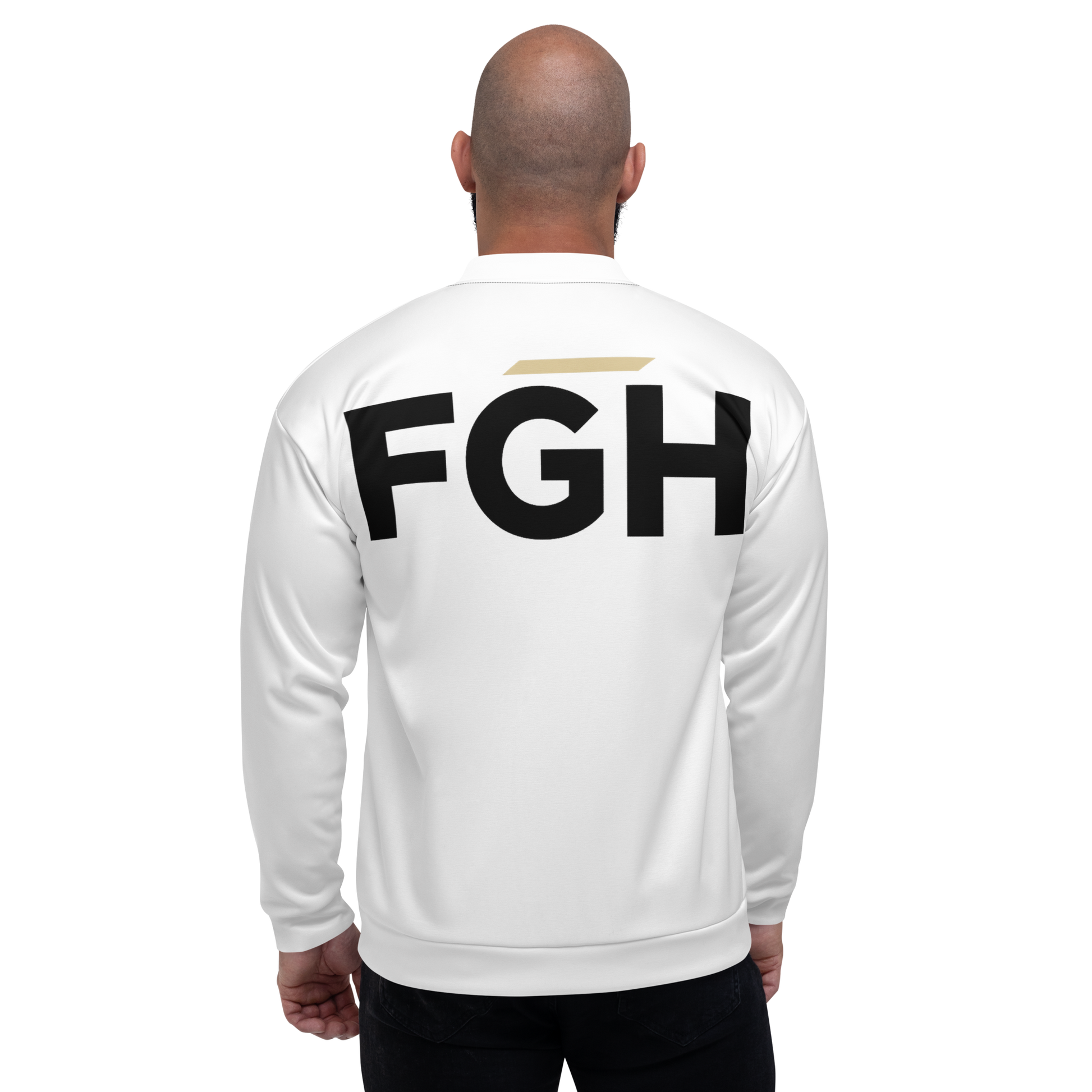 White unisex bomber jacket with large black FGH backprint and embroidered chest logo saying “Fight Grind Hustle” in streetwear style