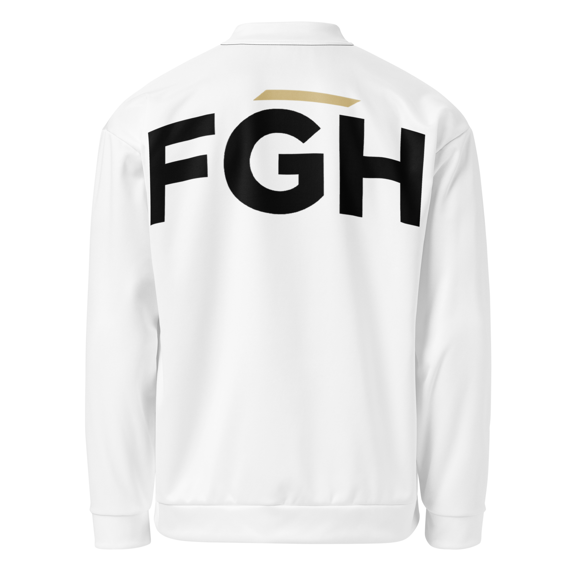 White unisex bomber jacket with large black FGH backprint and embroidered chest logo saying “Fight Grind Hustle” in streetwear style