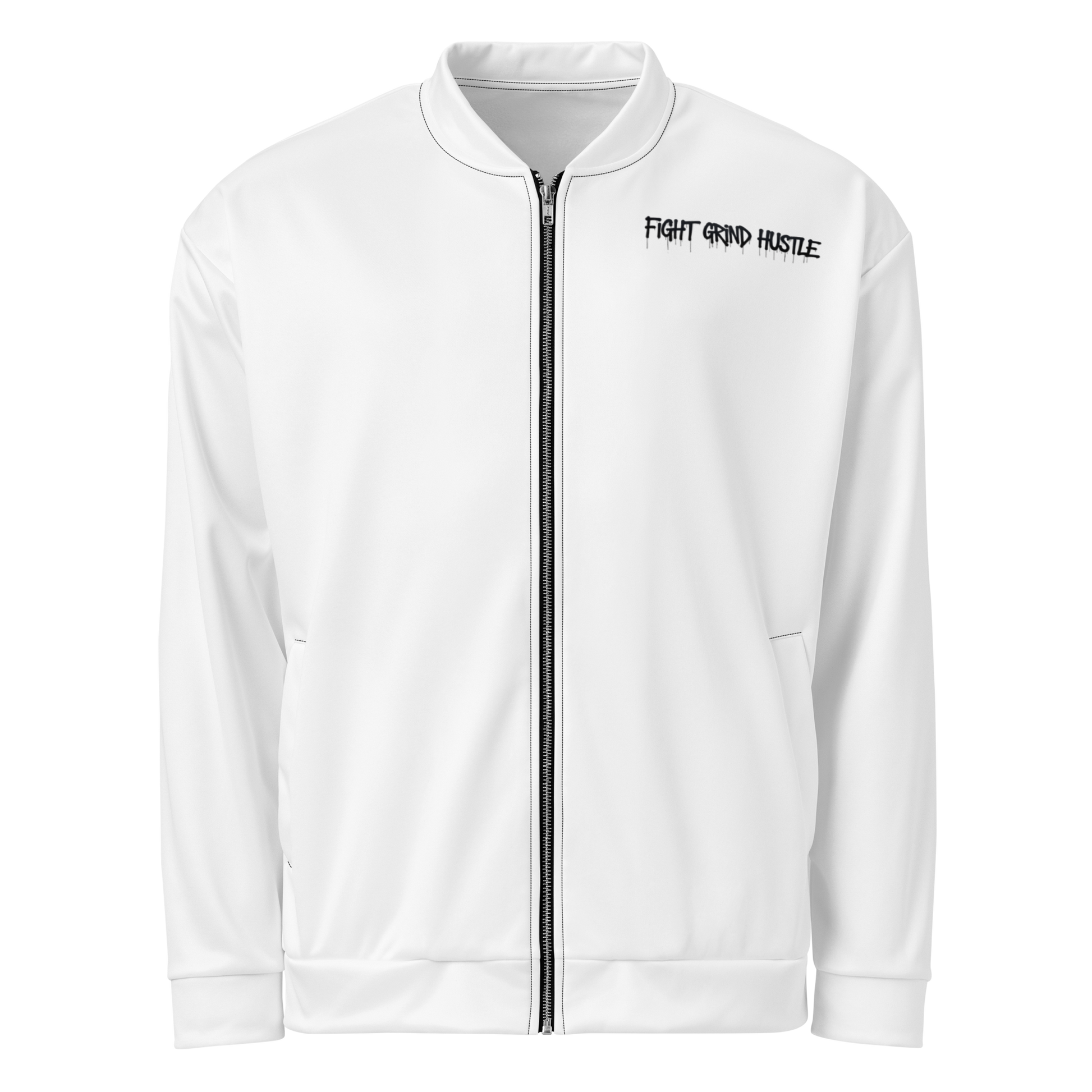 White unisex bomber jacket with large black FGH backprint and embroidered chest logo saying “Fight Grind Hustle” in streetwear style