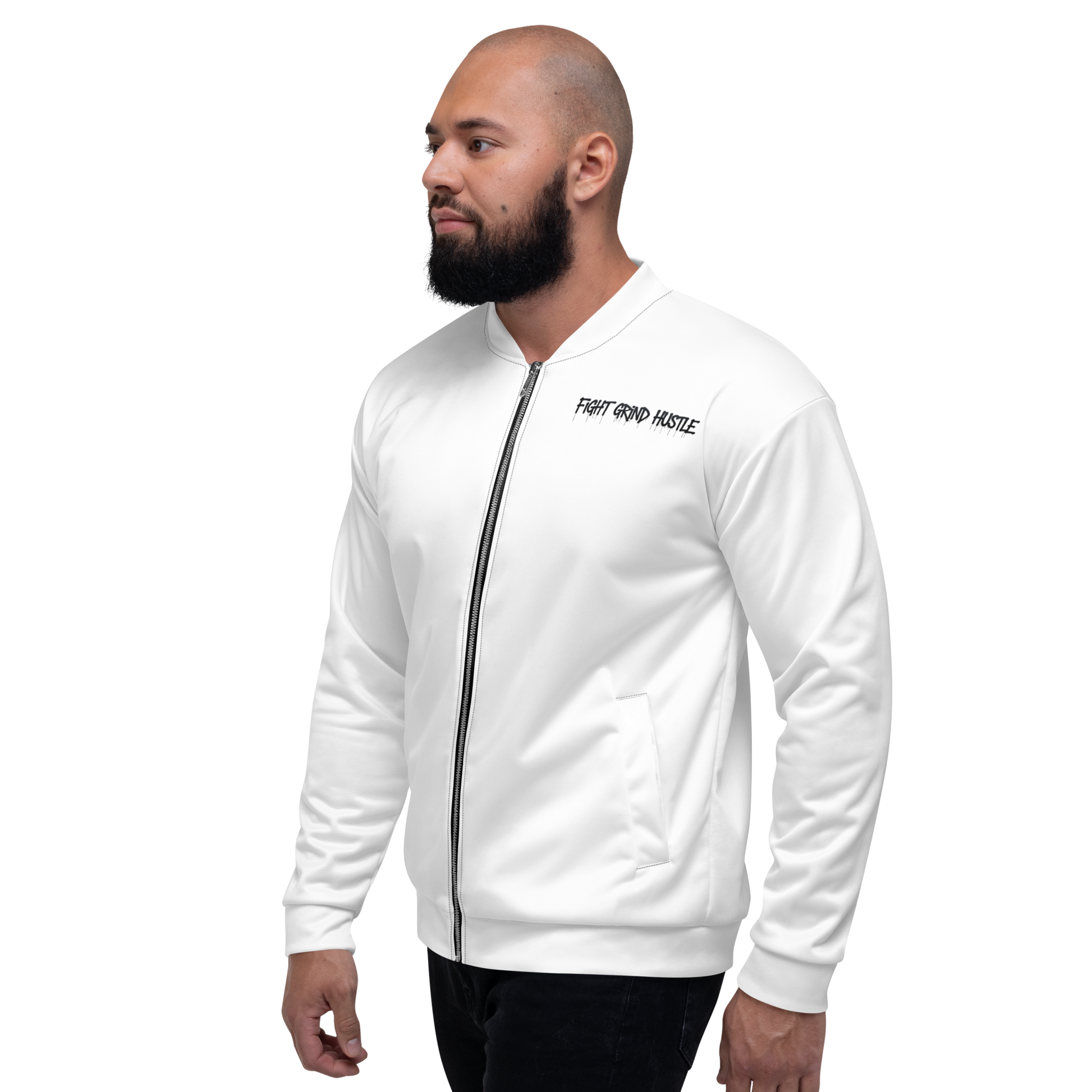 White unisex bomber jacket with large black FGH backprint and embroidered chest logo saying “Fight Grind Hustle” in streetwear style