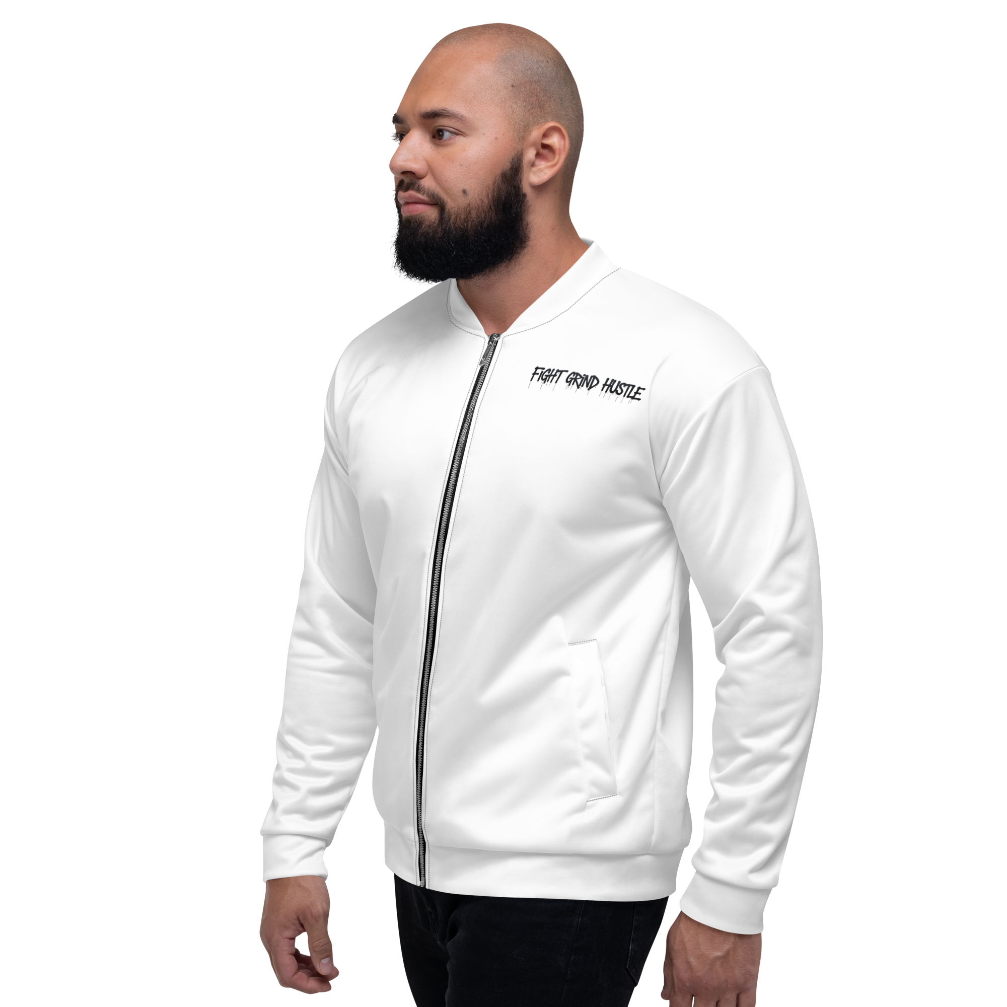 White unisex bomber jacket with large black FGH backprint and embroidered chest logo saying “Fight Grind Hustle” in streetwear style