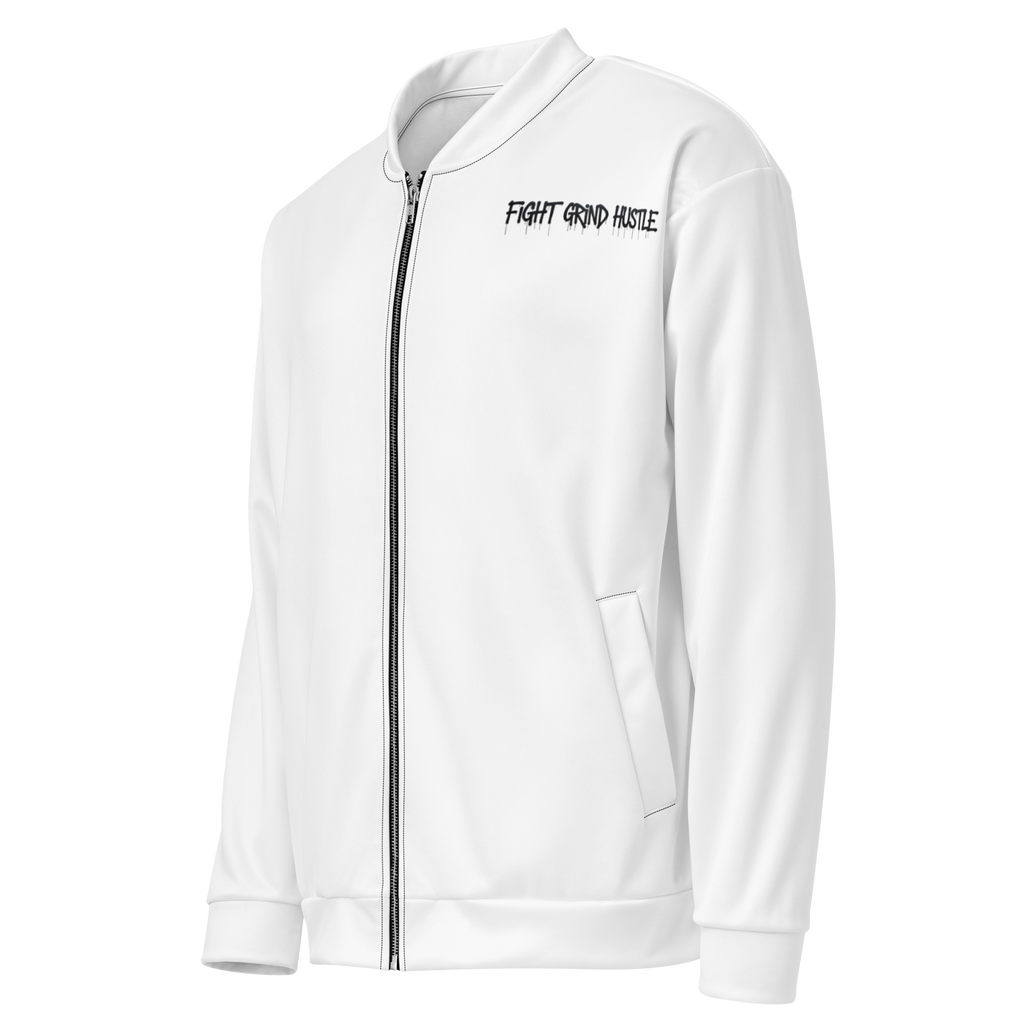 White unisex bomber jacket with large black FGH backprint and embroidered chest logo saying “Fight Grind Hustle” in streetwear style