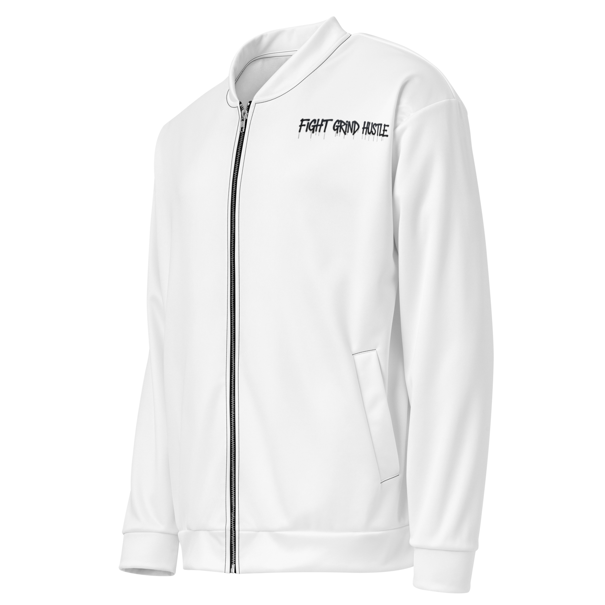 White unisex bomber jacket with large black FGH backprint and embroidered chest logo saying “Fight Grind Hustle” in streetwear style