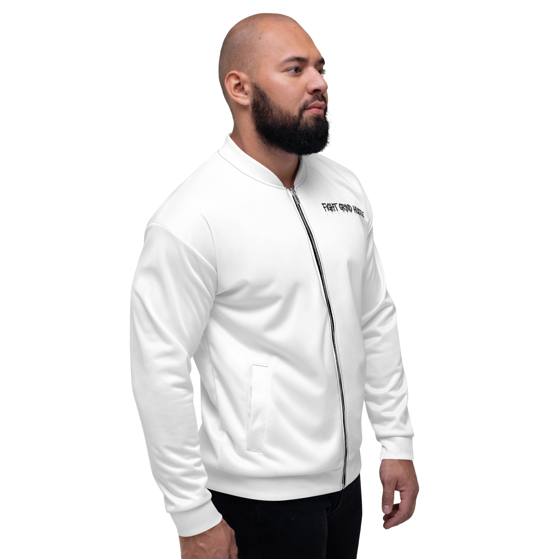 White unisex bomber jacket with large black FGH backprint and embroidered chest logo saying “Fight Grind Hustle” in streetwear style