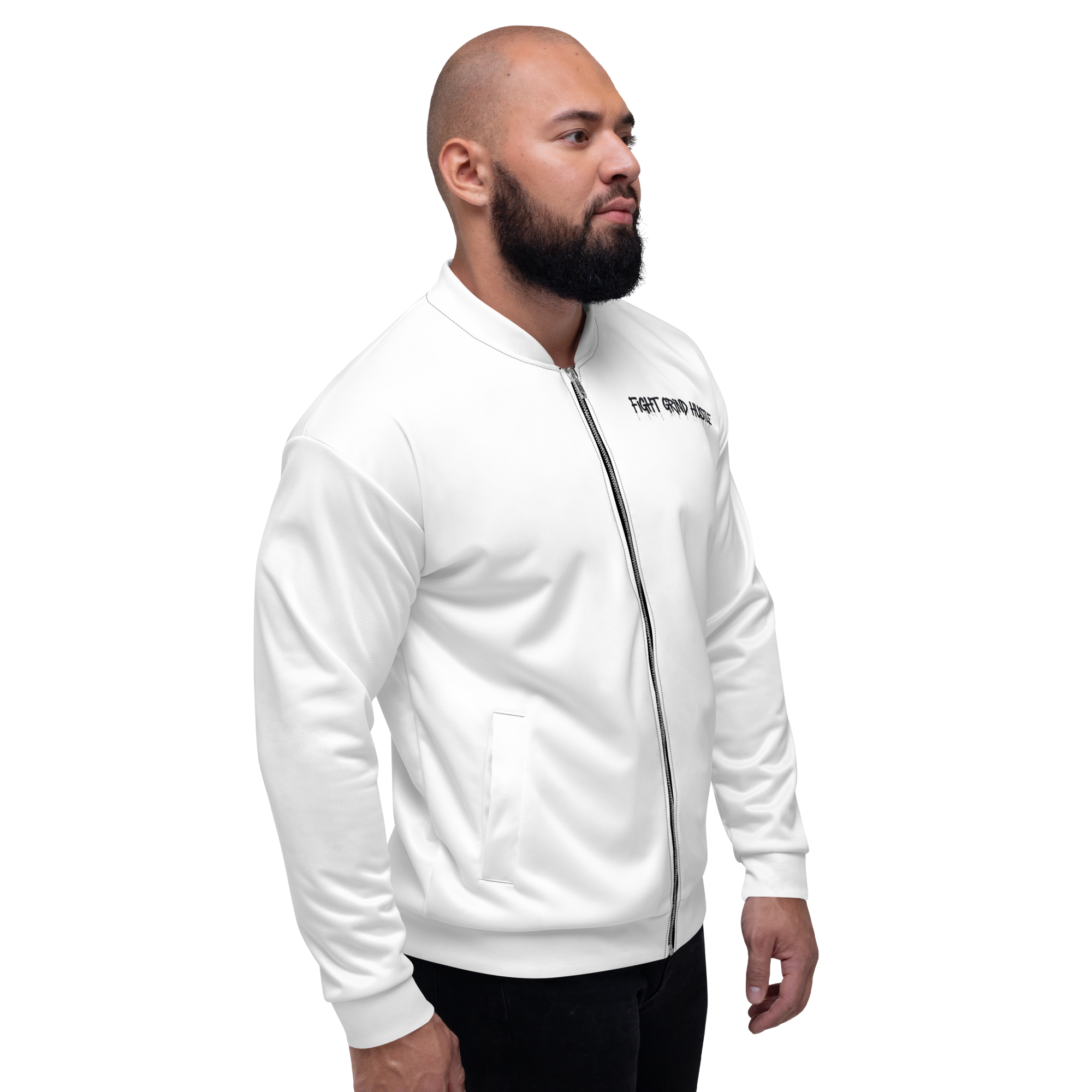 White unisex bomber jacket with large black FGH backprint and embroidered chest logo saying “Fight Grind Hustle” in streetwear style