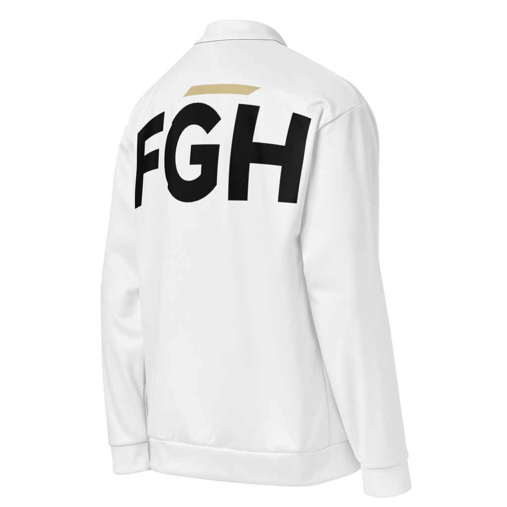 White unisex bomber jacket with large black FGH backprint and embroidered chest logo saying “Fight Grind Hustle” in streetwear style