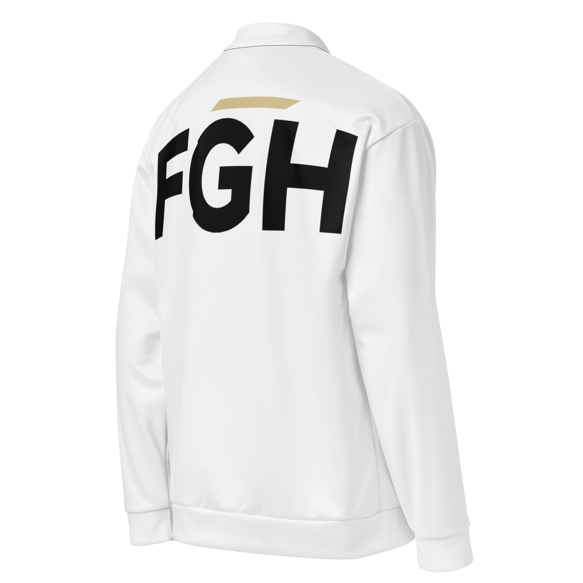 White unisex bomber jacket with large black FGH backprint and embroidered chest logo saying “Fight Grind Hustle” in streetwear style