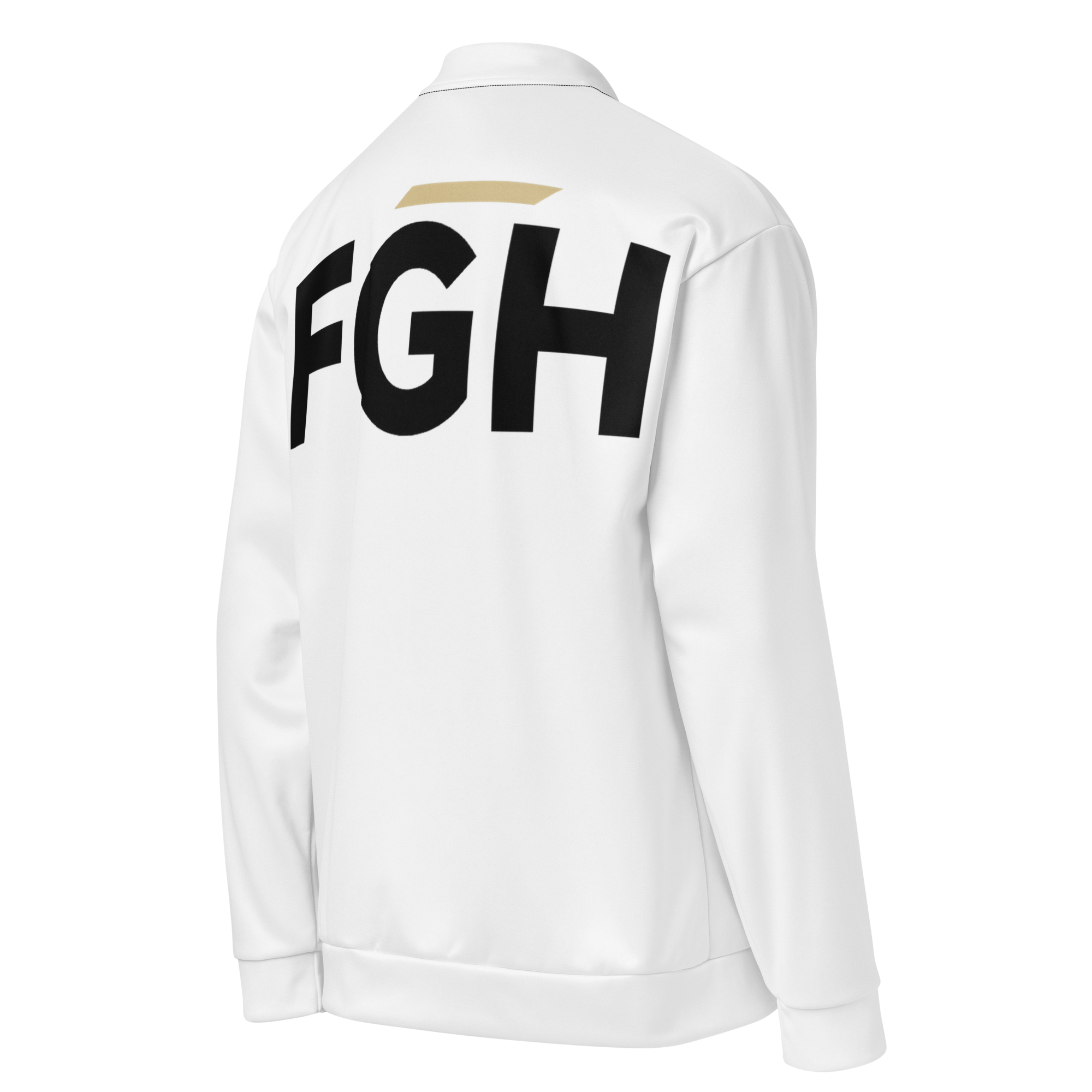 White unisex bomber jacket with large black FGH backprint and embroidered chest logo saying “Fight Grind Hustle” in streetwear style