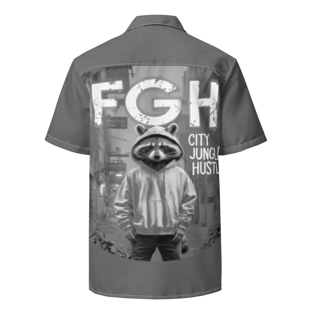 Front and side view of the FGH Raccoon City Jungle Hustle unisex button shirt in grey with bold graffiti-style backprint and urban raccoon design.