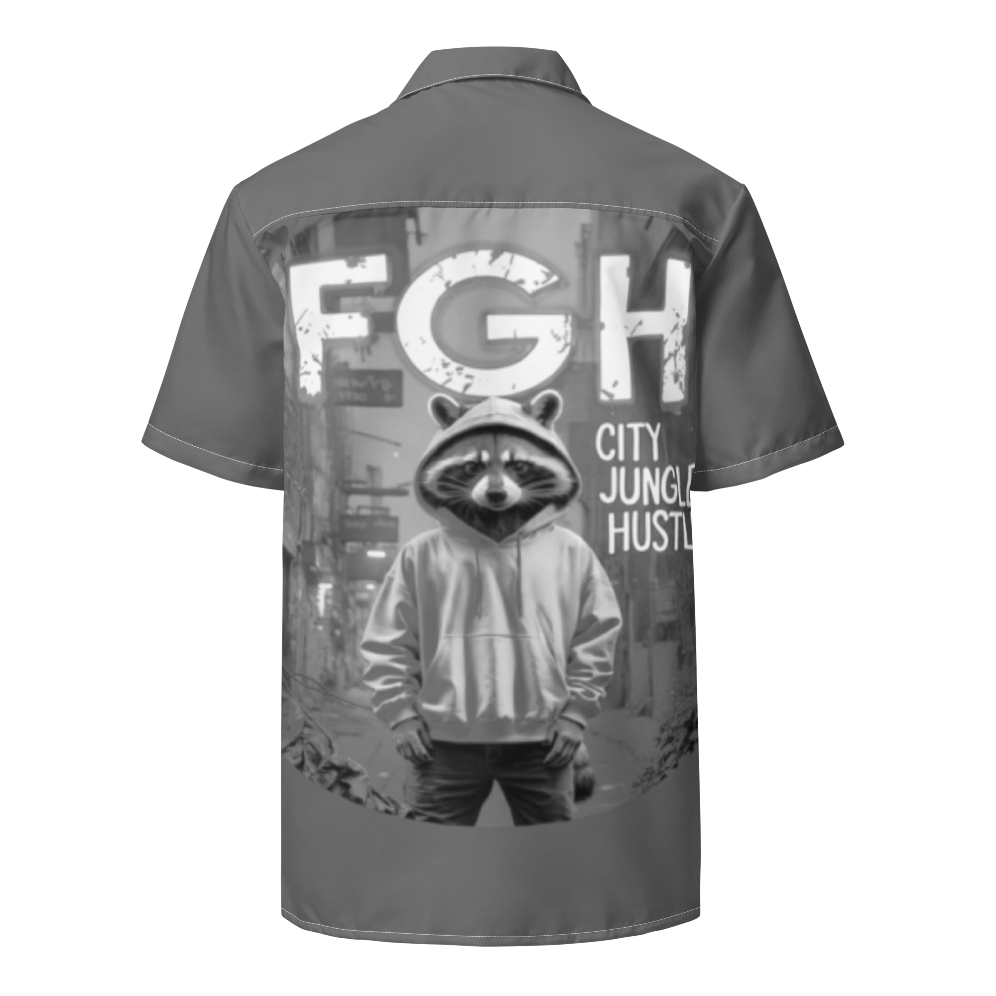 Front and side view of the FGH Raccoon City Jungle Hustle unisex button shirt in grey with bold graffiti-style backprint and urban raccoon design.