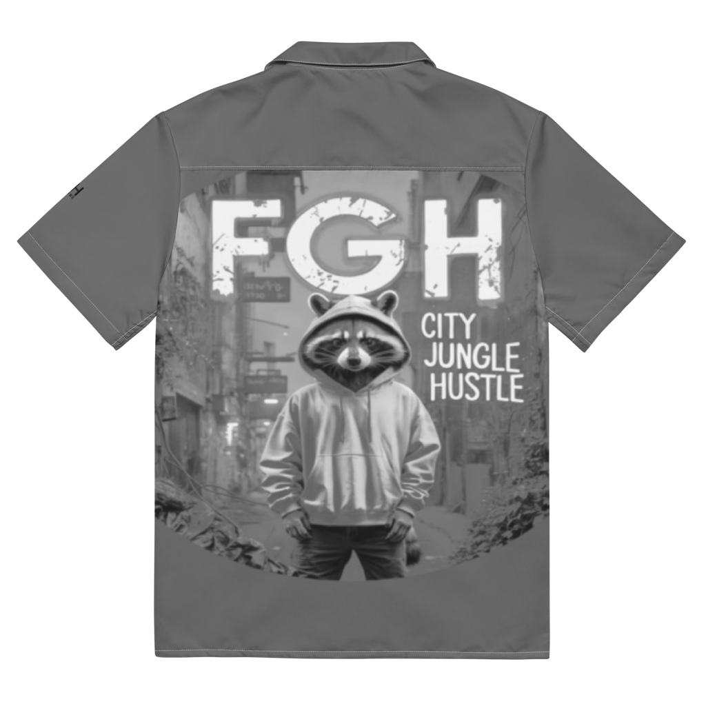 Front and side view of the FGH Raccoon City Jungle Hustle unisex button shirt in grey with bold graffiti-style backprint and urban raccoon design.
