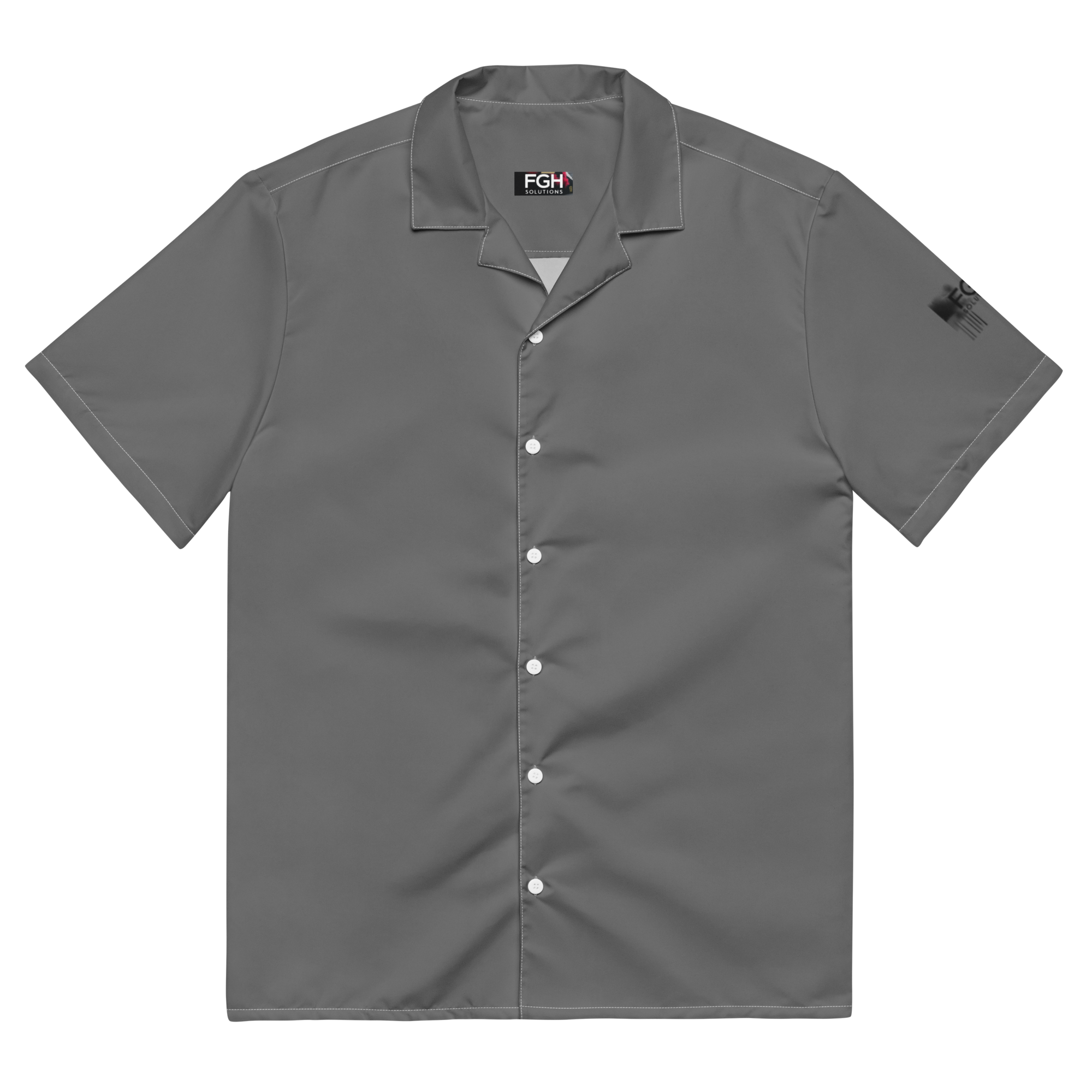 Front and side view of the FGH Raccoon City Jungle Hustle unisex button shirt in grey with bold graffiti-style backprint and urban raccoon design.