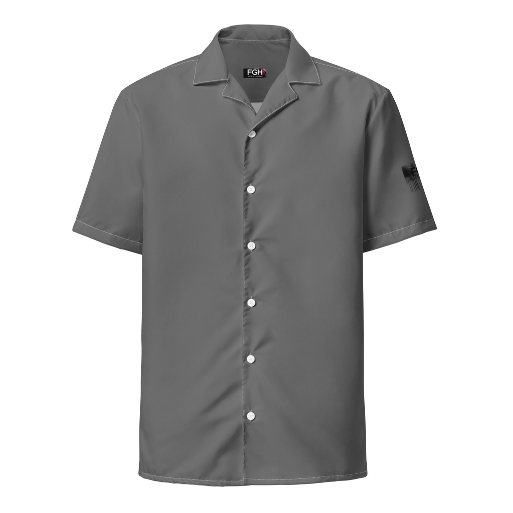 Front and side view of the FGH Raccoon City Jungle Hustle unisex button shirt in grey with bold graffiti-style backprint and urban raccoon design.
